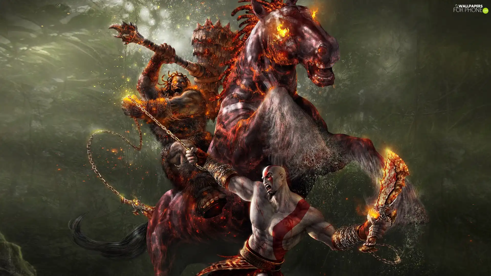 Kratos, game, embers, Flames, Horse, God Of War