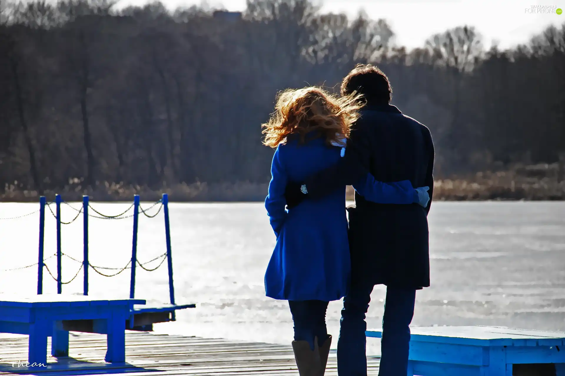 Women, pier, lake, a man
