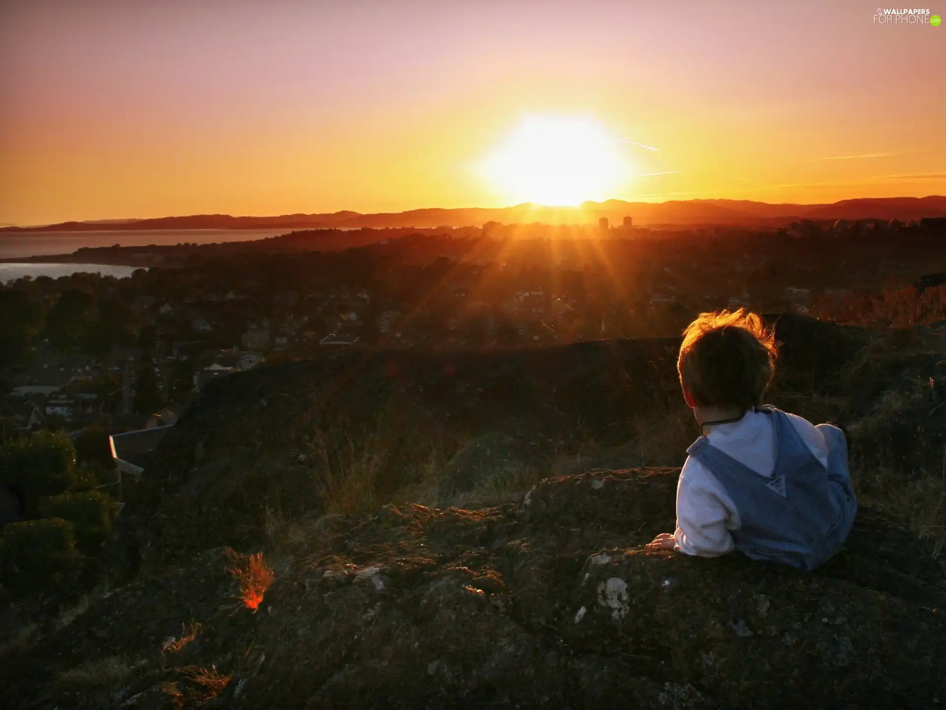 lake, boy, sun, Mountains, west