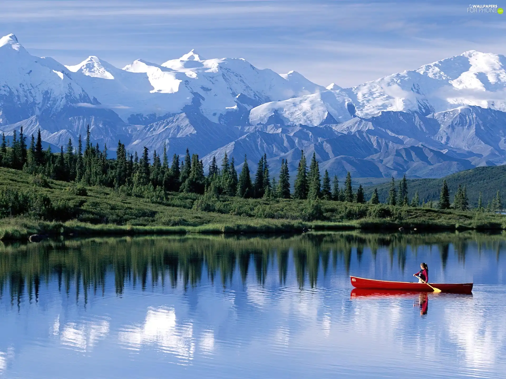 North, Alaska, lake, canoe, Mountains, america