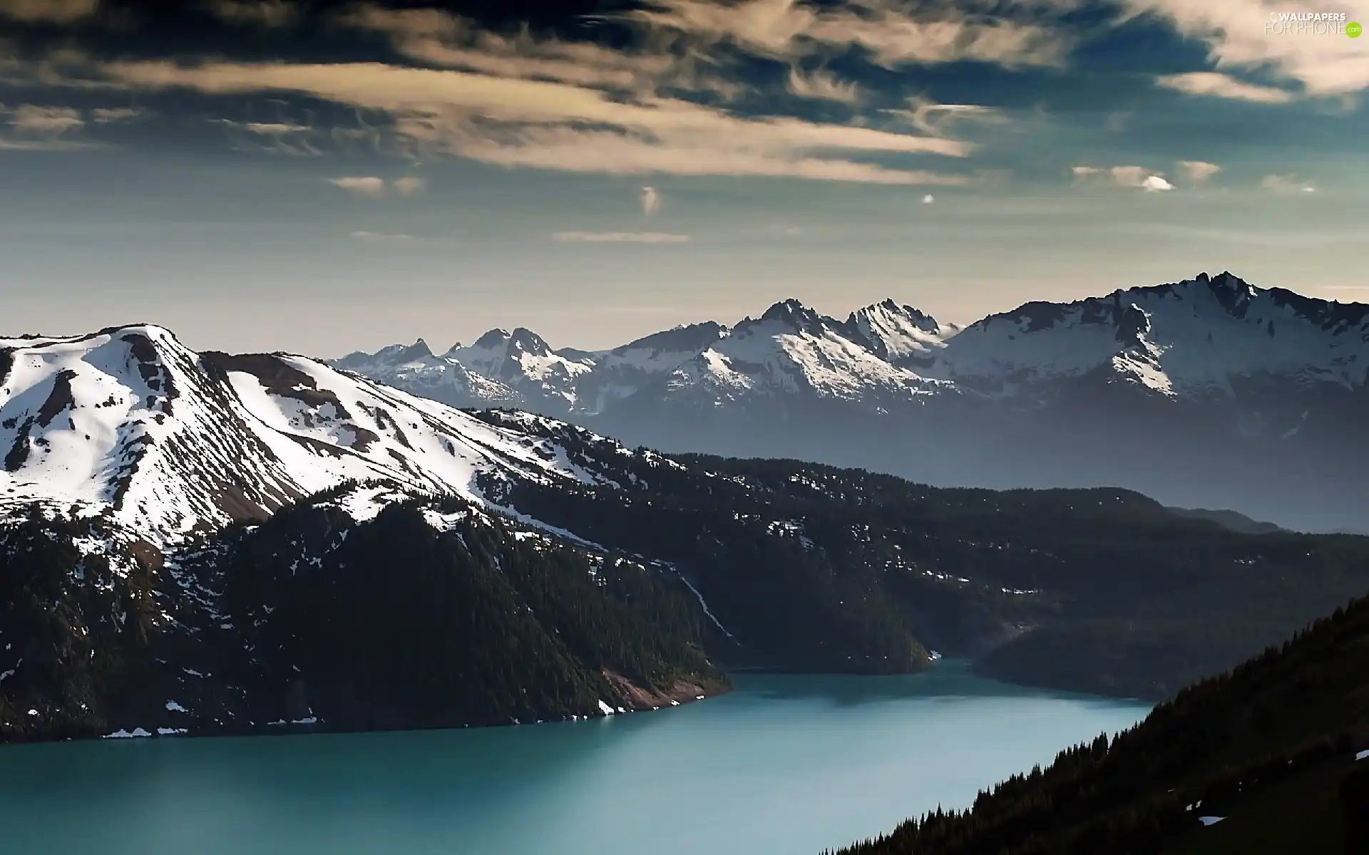 lake, clouds, height, snow, mountains