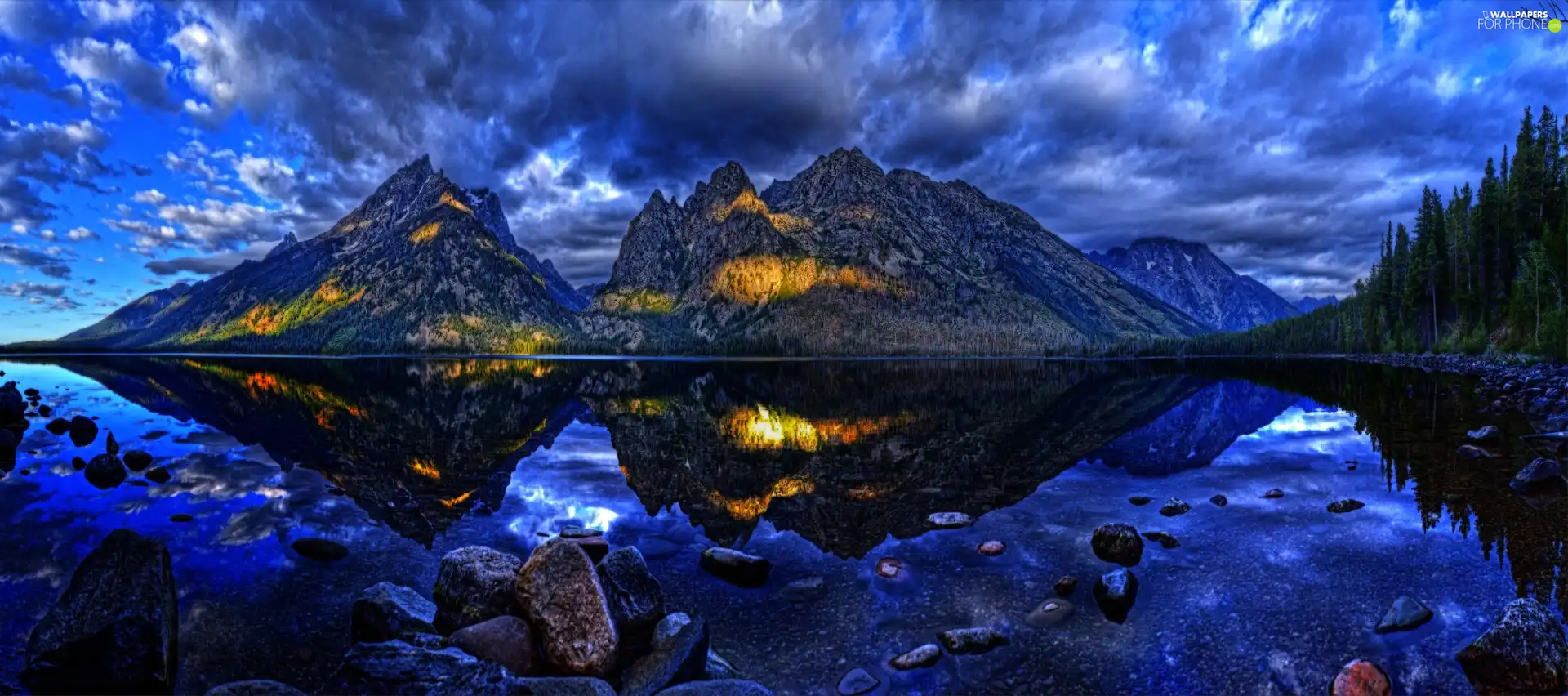clouds, reflection, lake, Mountains