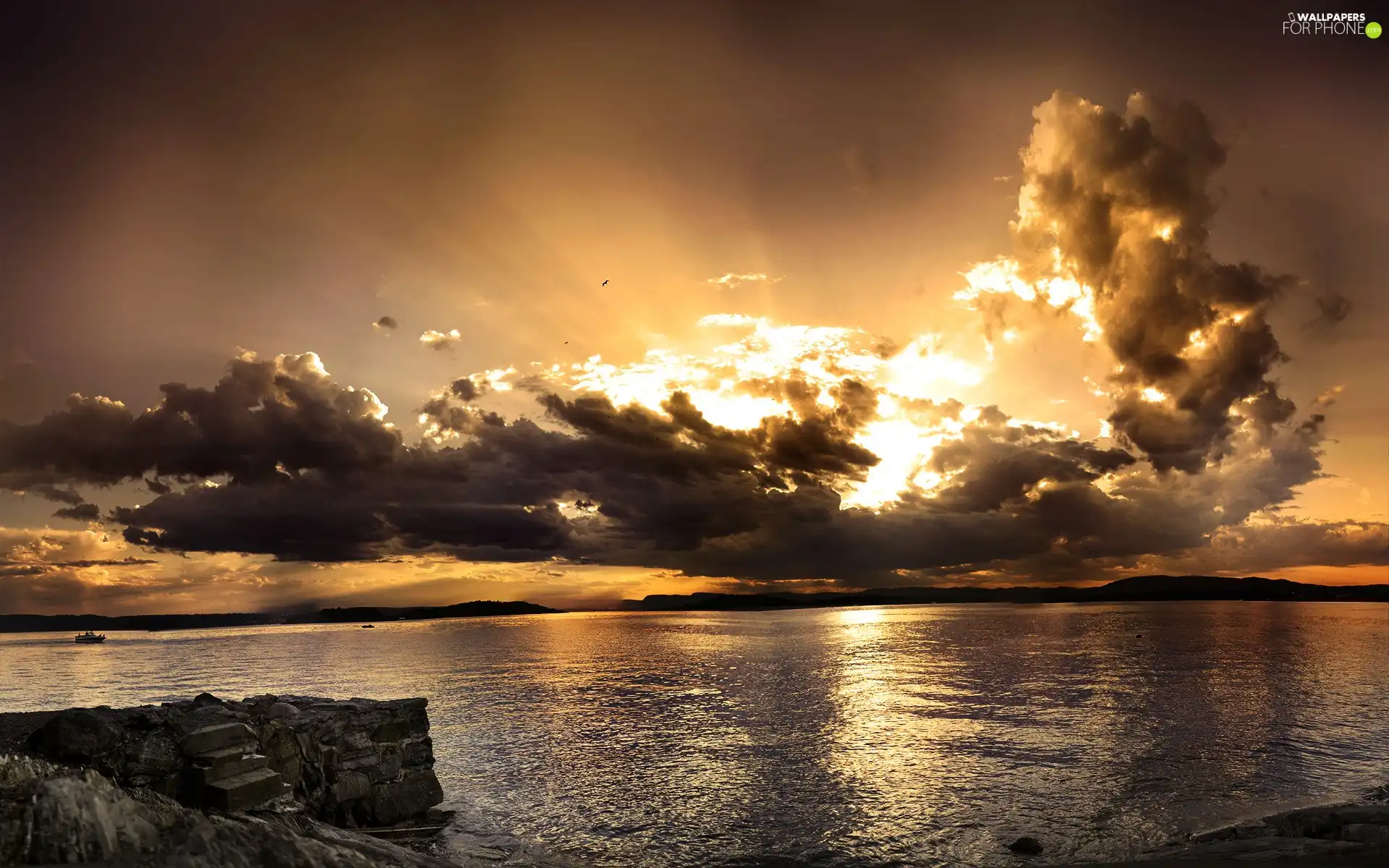 clouds, sun, lake, Przebijające