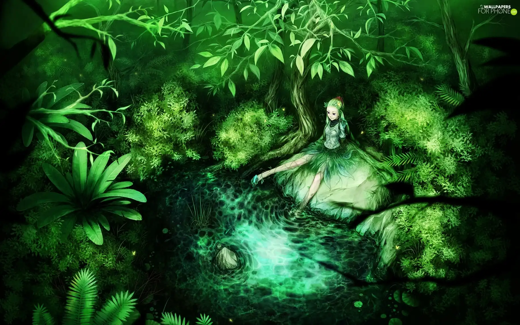 lake, girl, forest