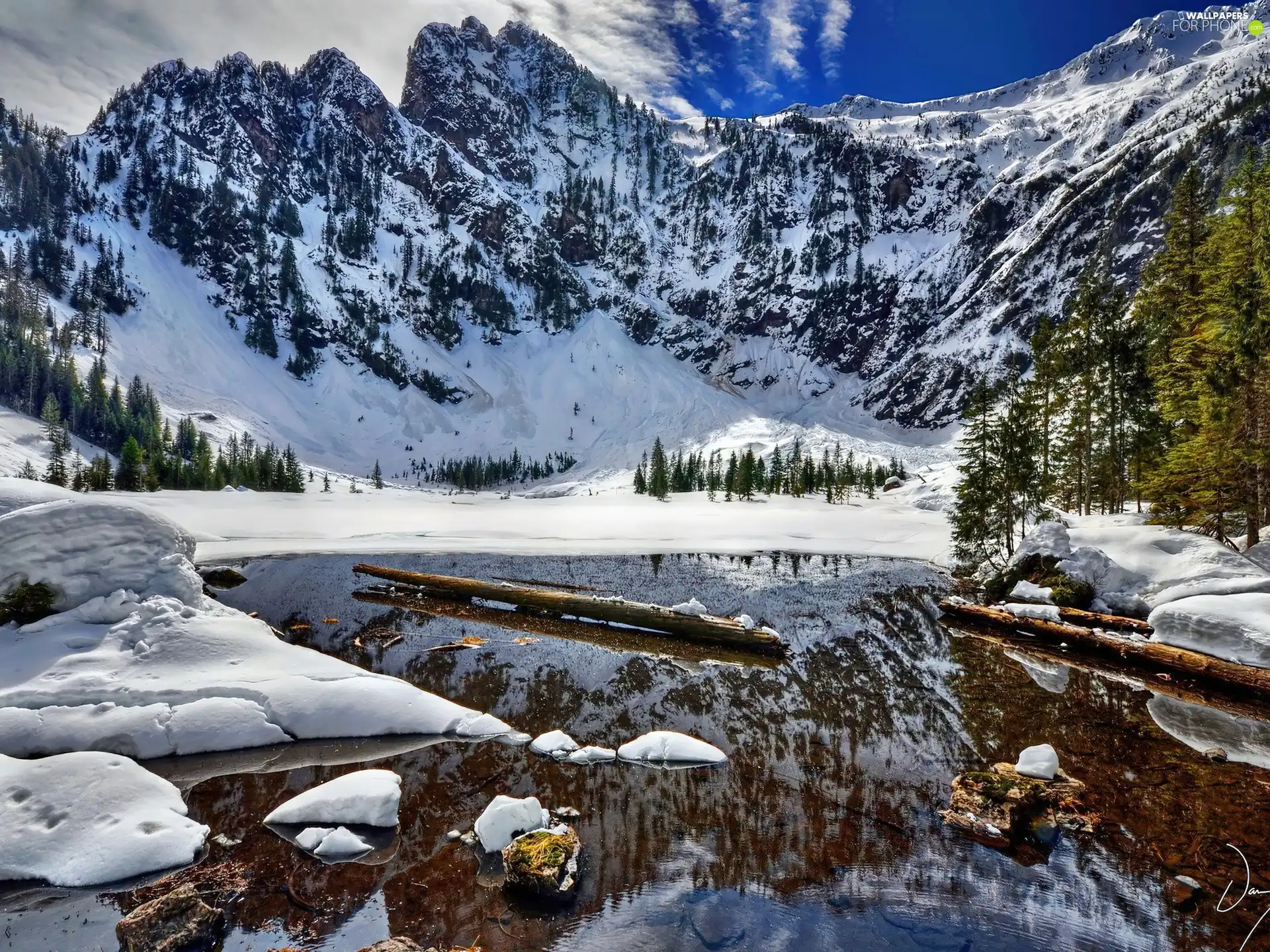 lake, Mountains, frozen