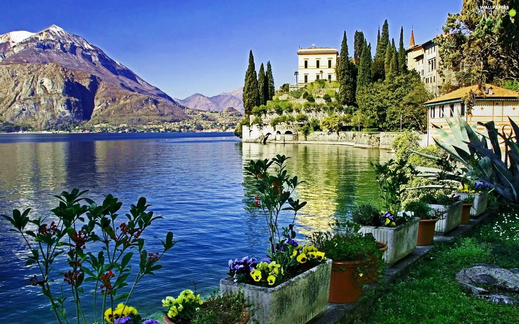 lake, Mountains, Houses