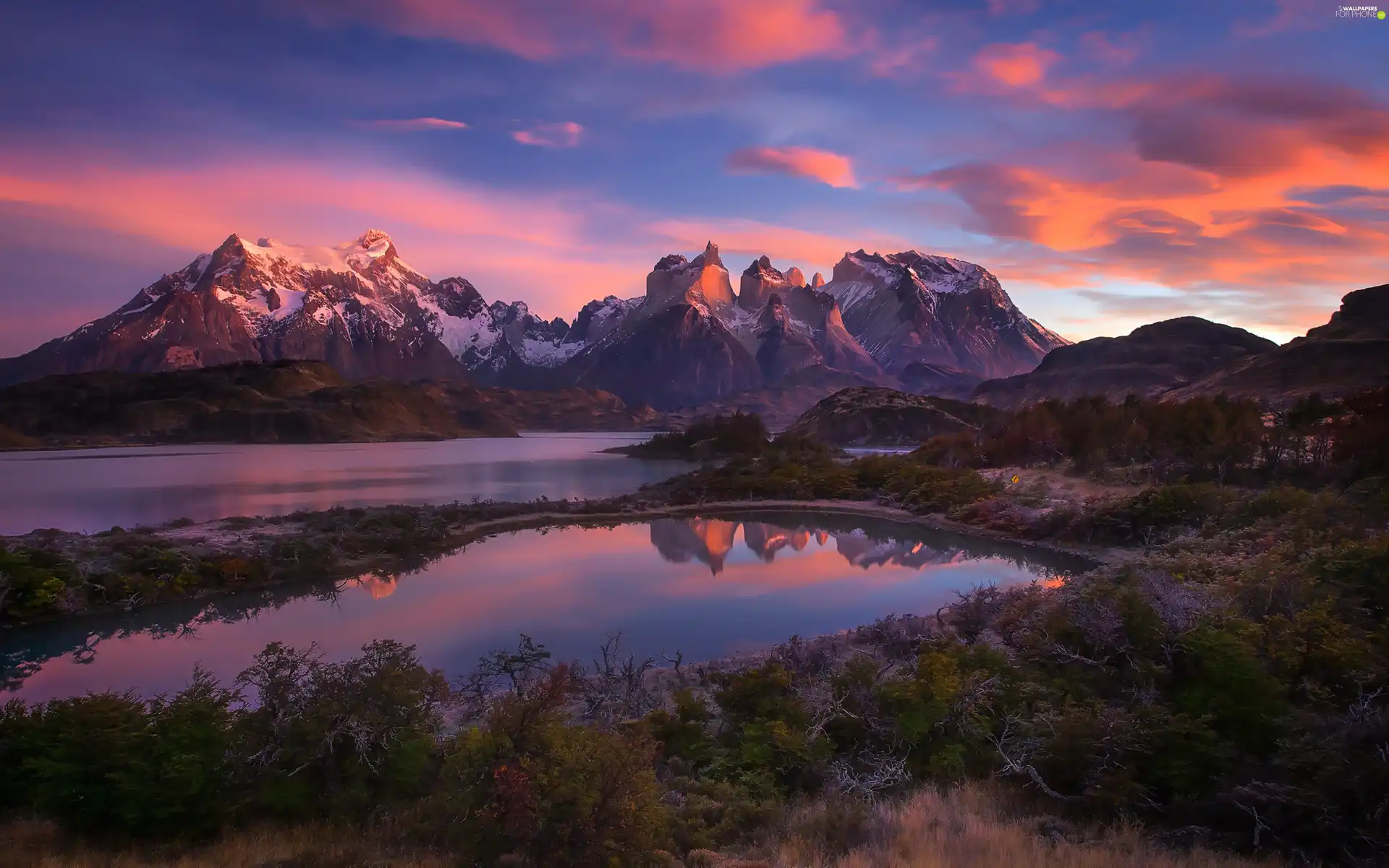 Mountains, clouds, lake, Sky