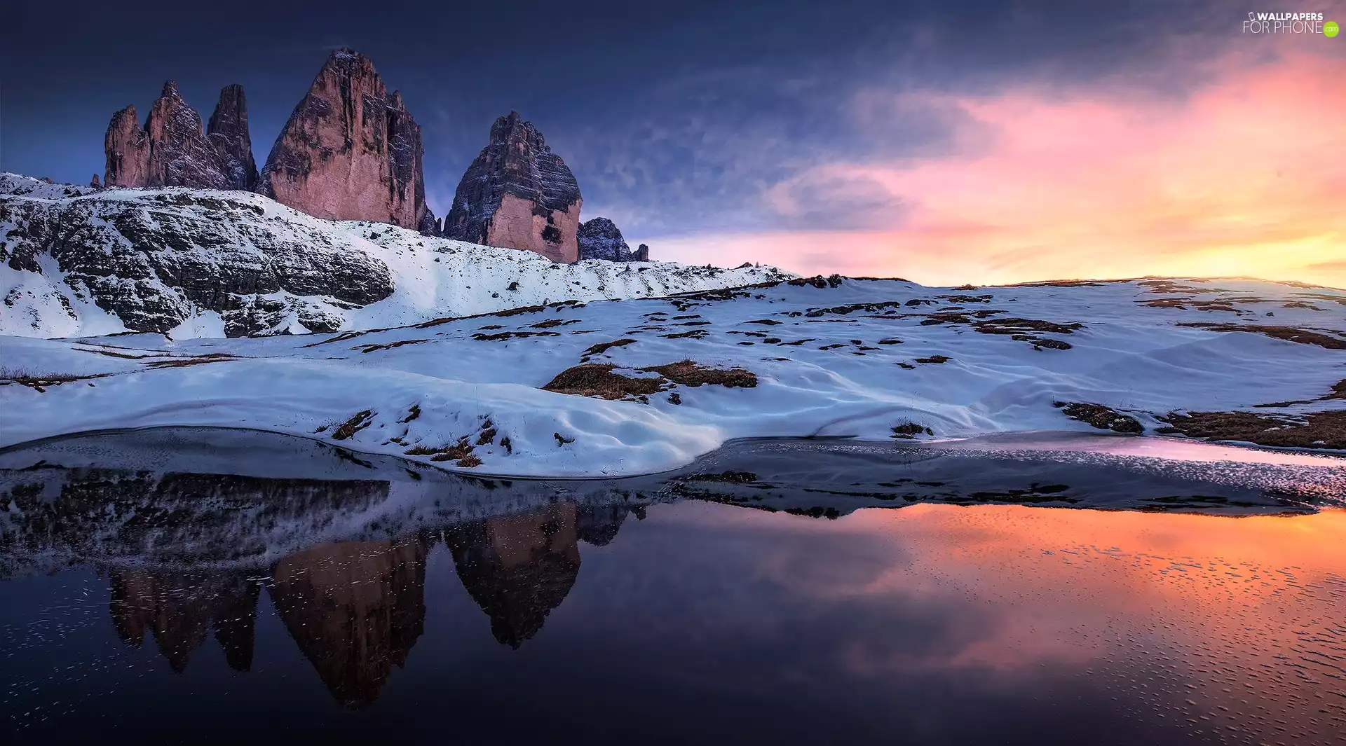 Three Peaks, Mountains, Sunrise, Dolomites, winter, Italy, lake