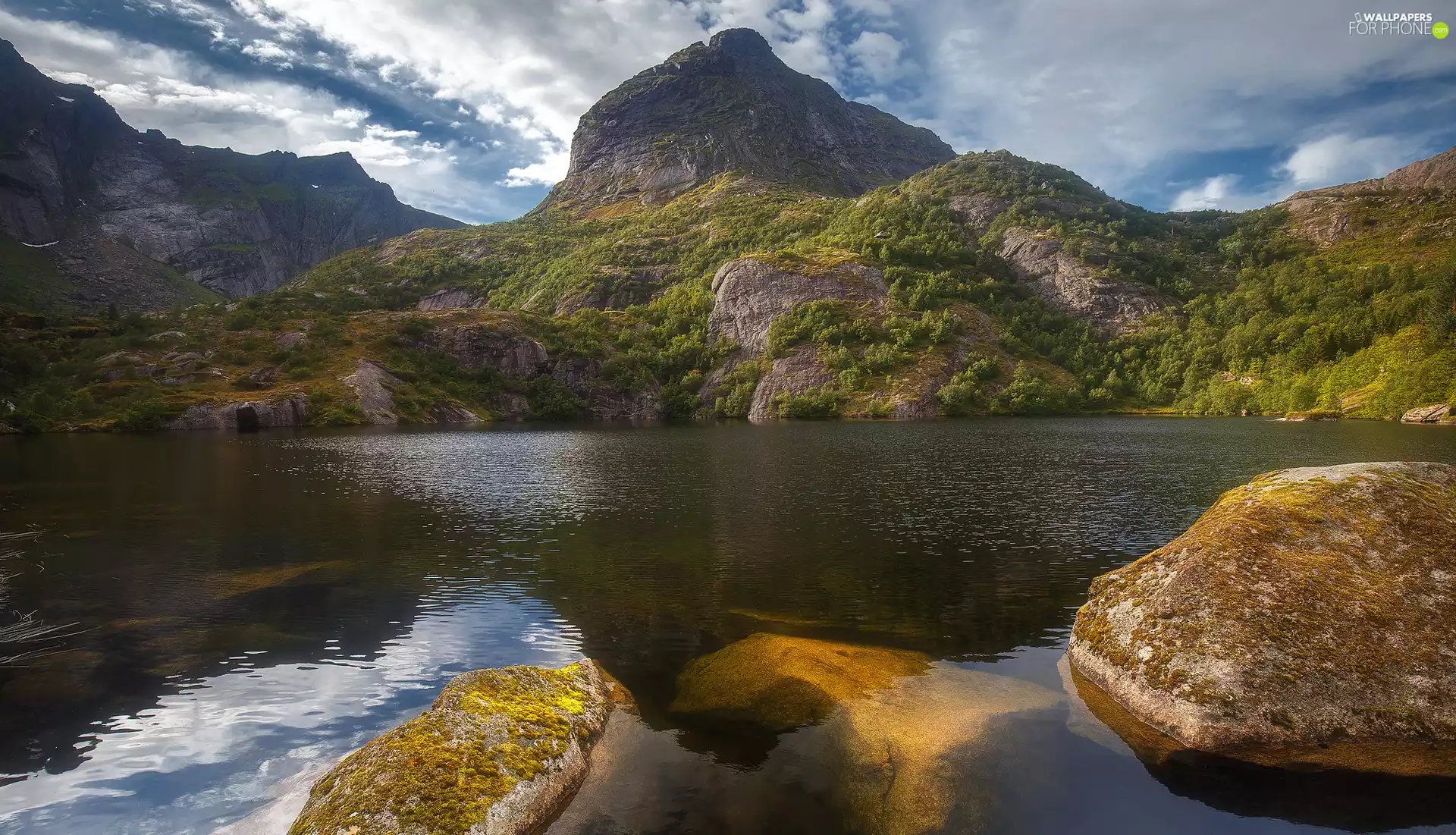 Mountains, mossy, rocks, lake