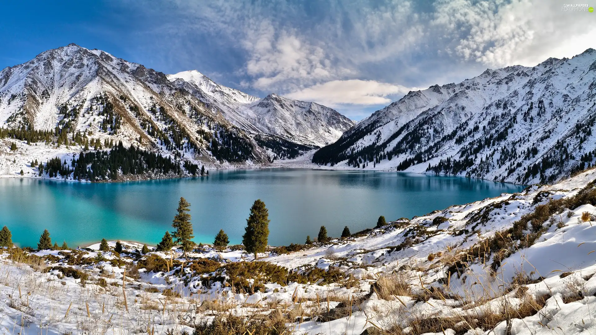 lake, Snowy, Mountains