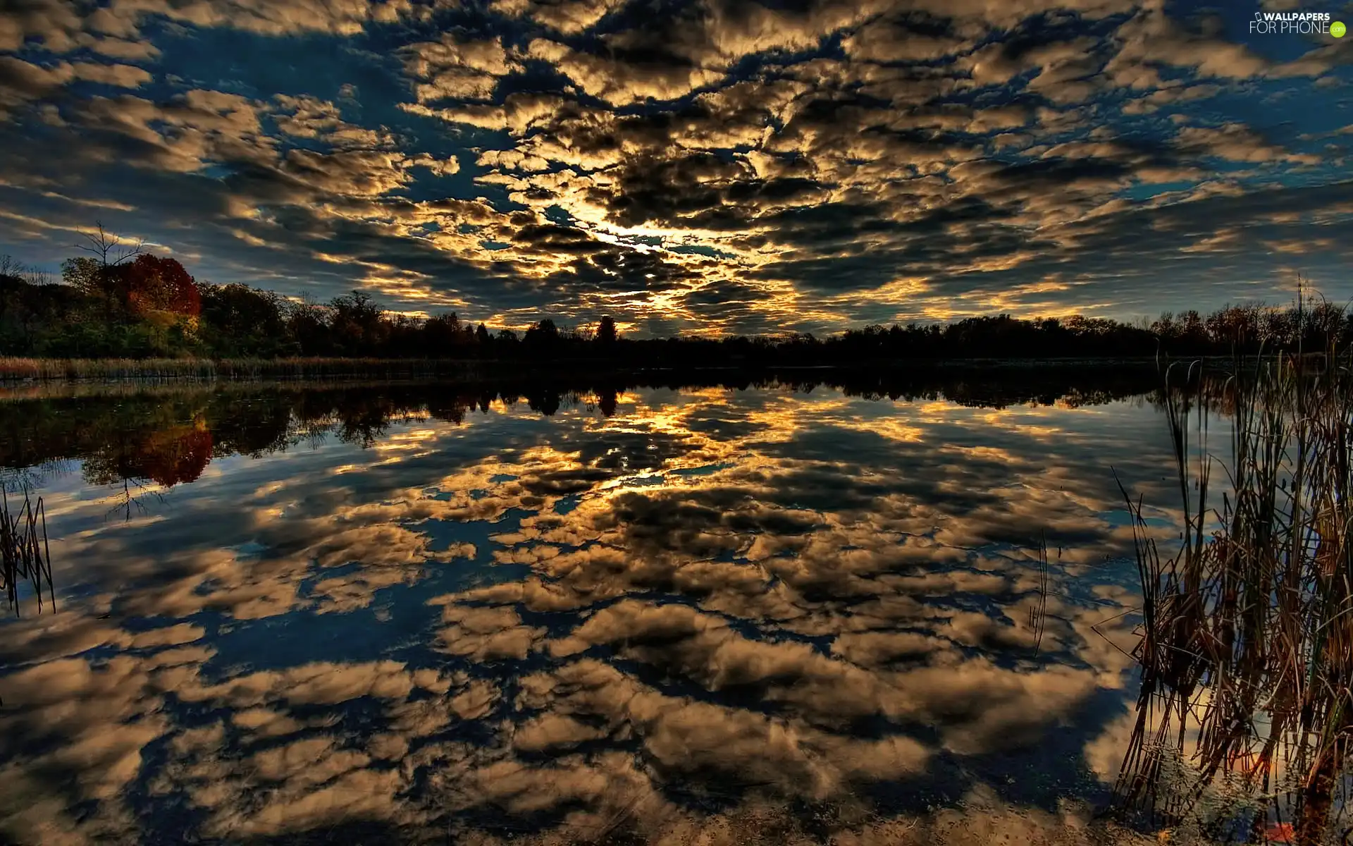 lake, clouds, reflection