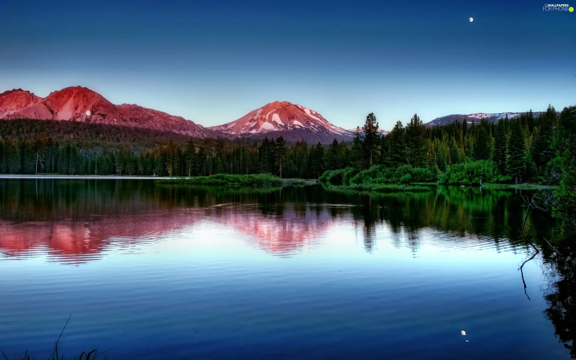 lake, reflection, Mountains, woods, Red