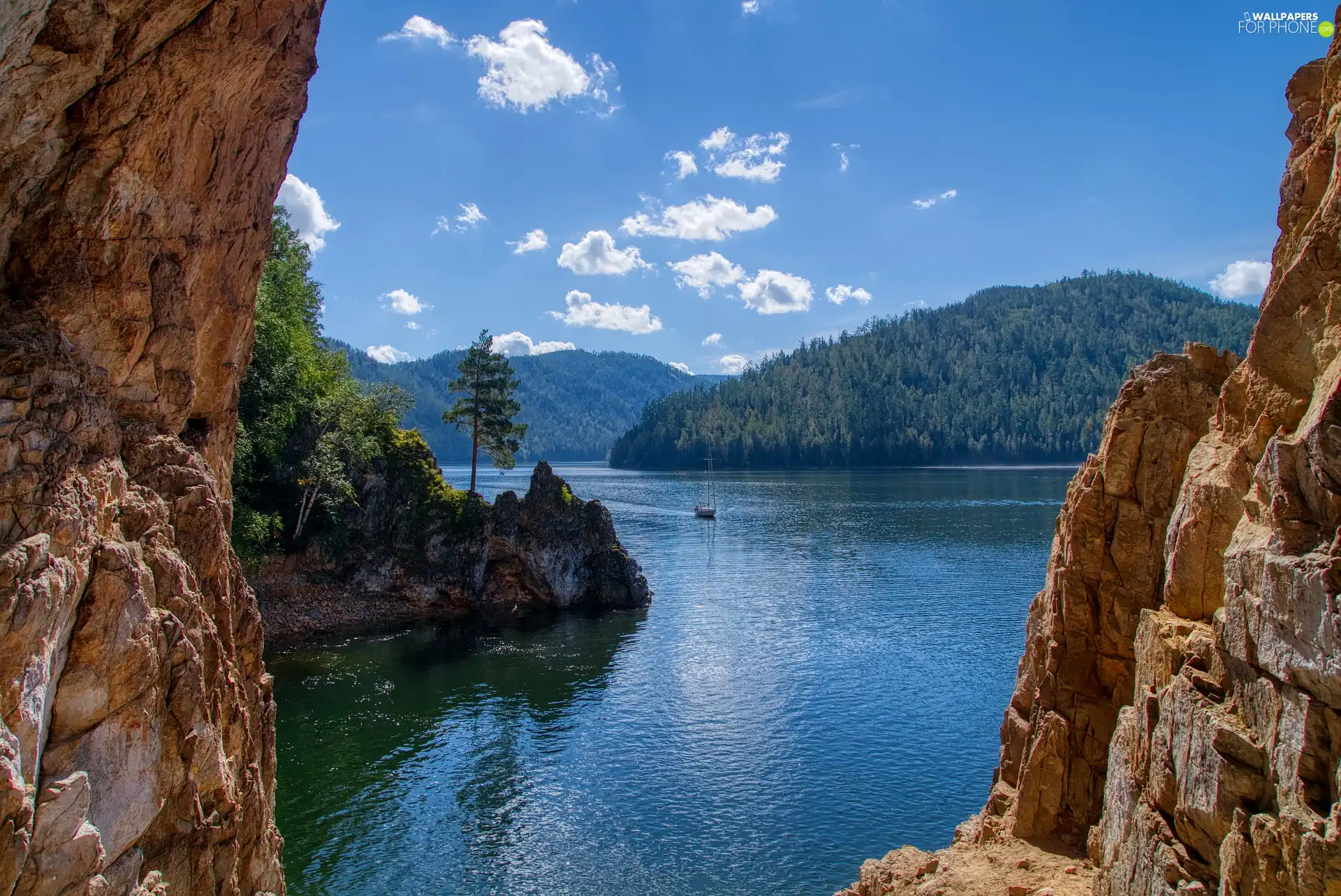 rocks, Mountains, Yacht, lake