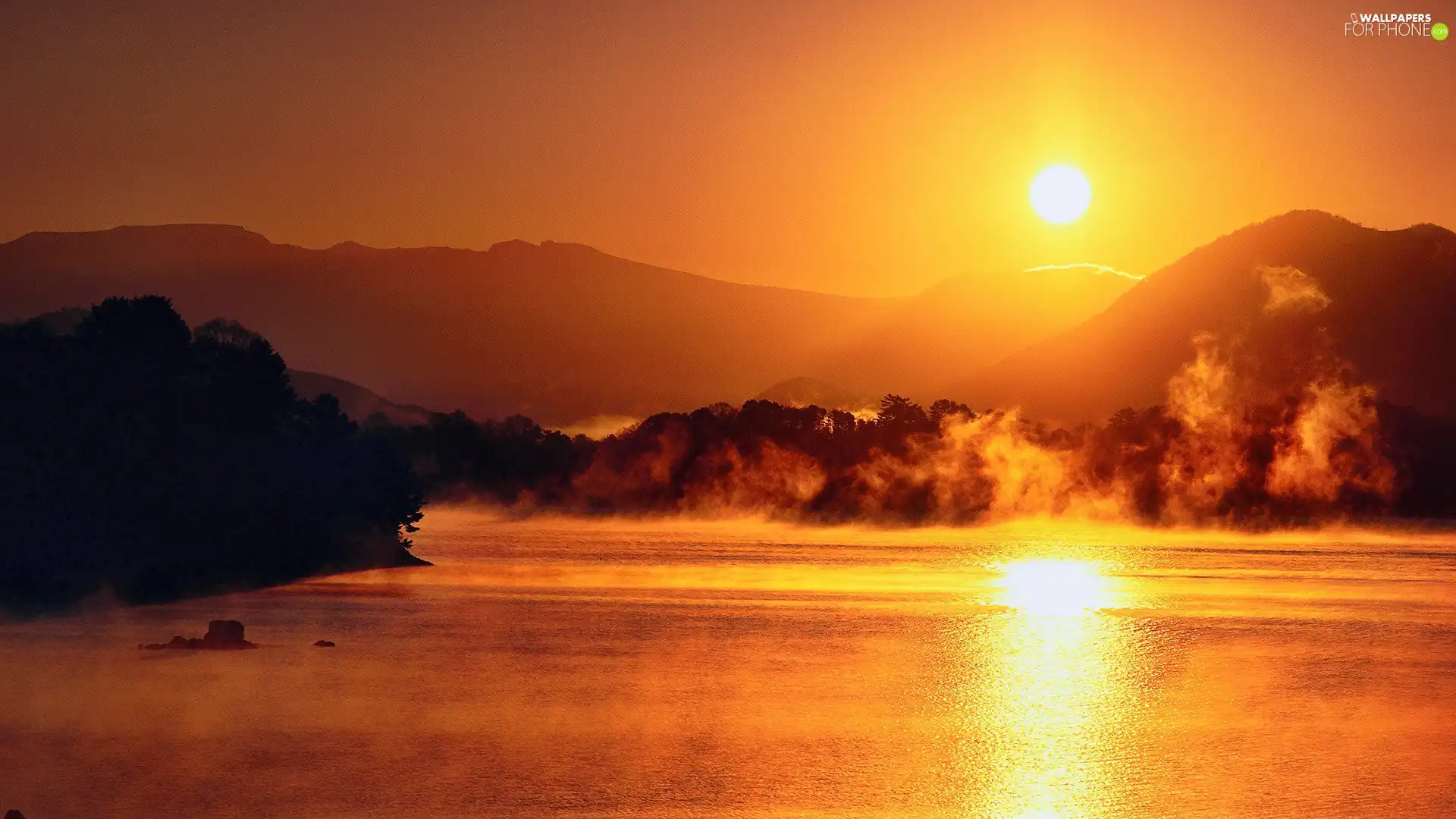 west, Mountains, lake, sun