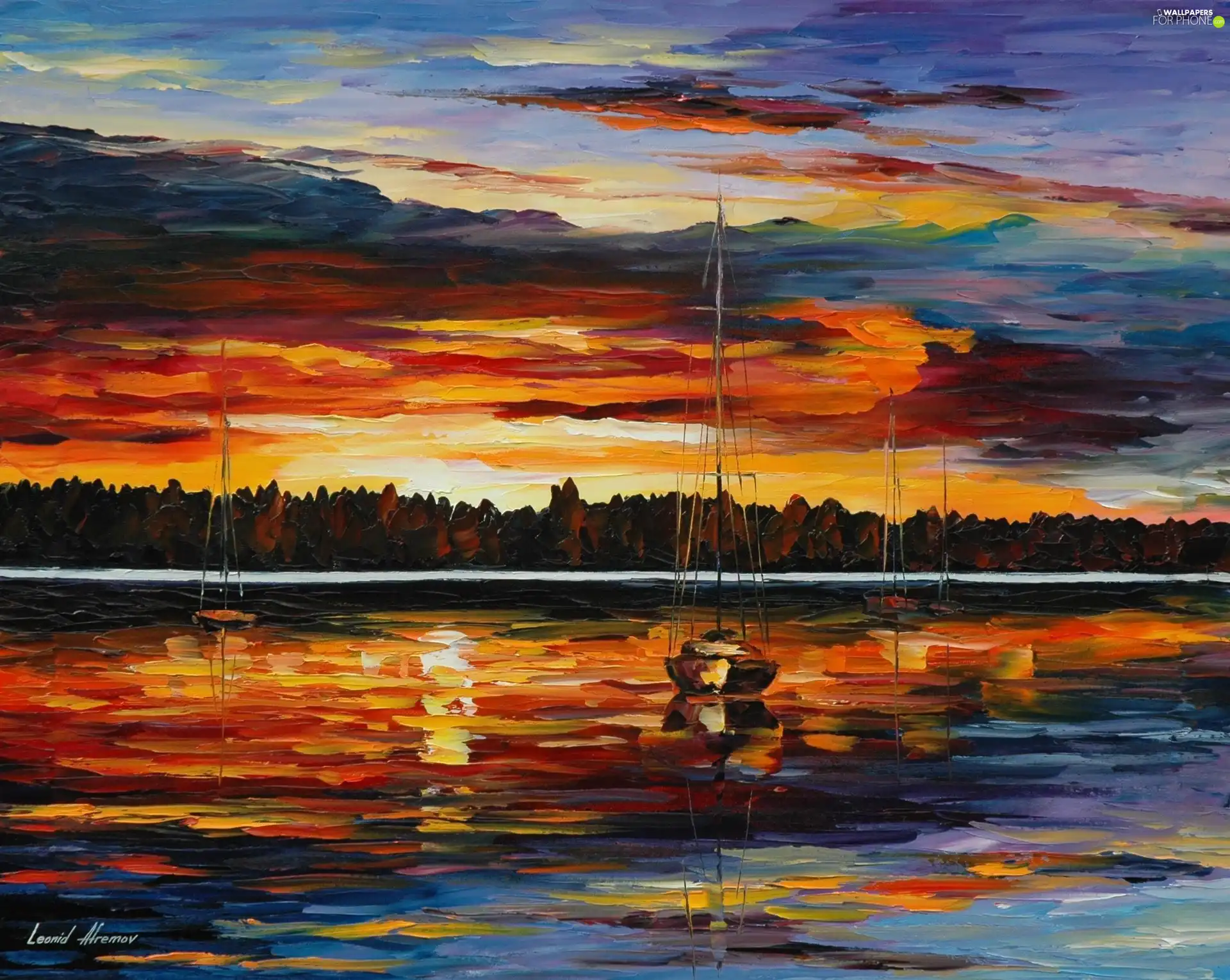 lake, Sailboats, sun, forest, west