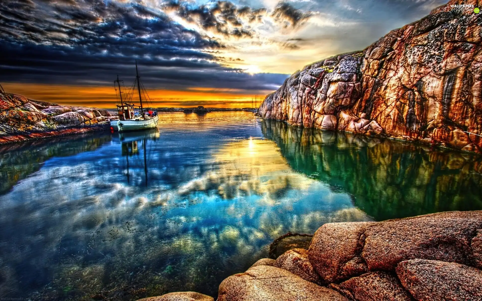 lake, Yacht, sun, rocks, west