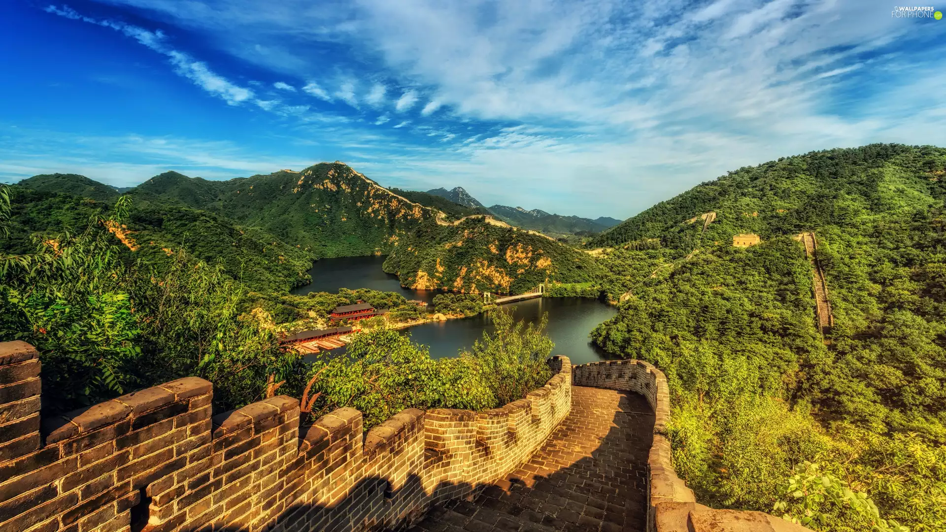 bridge, China, Mountains, lakes, Great Chinese Wall
