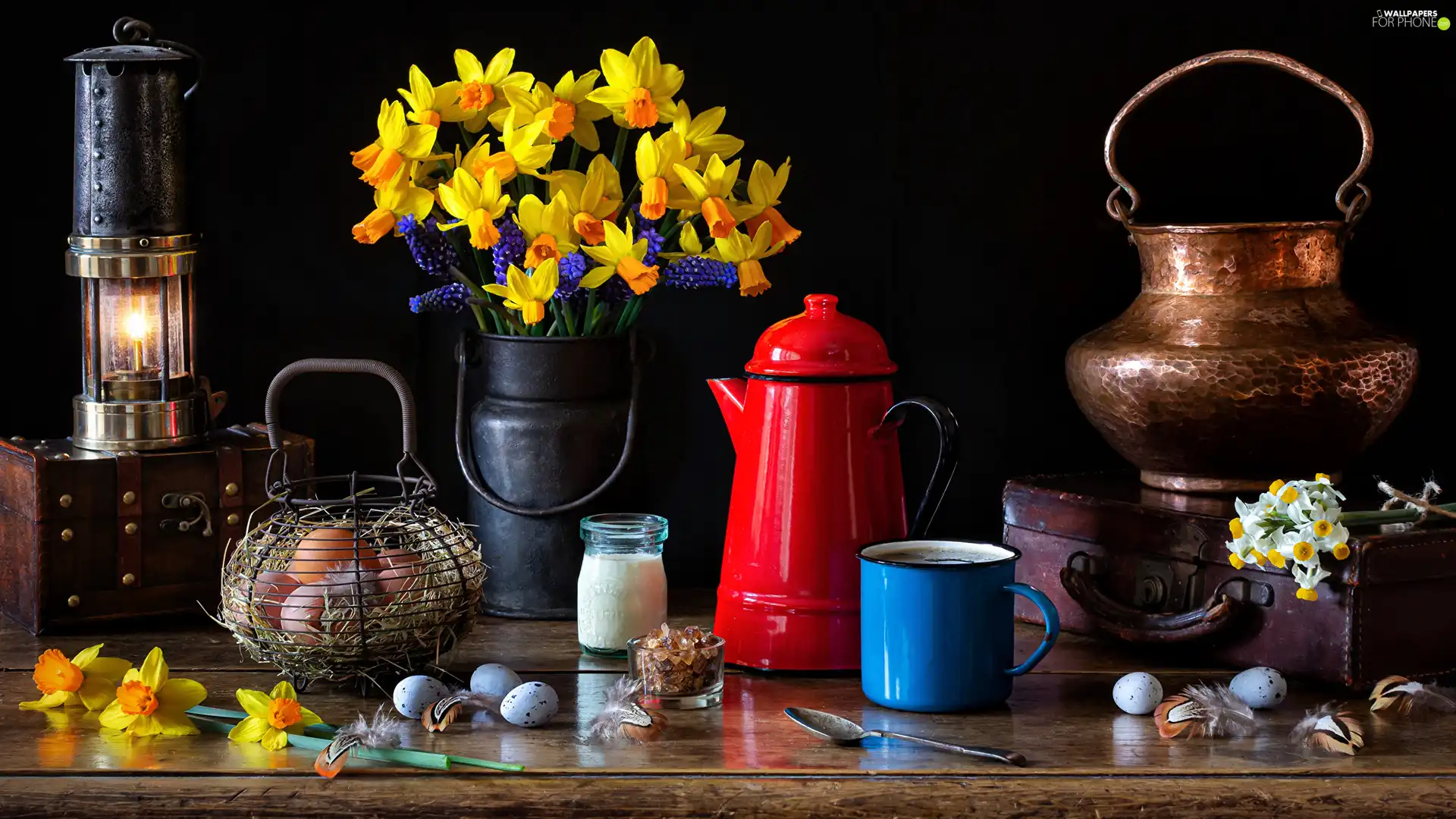 eggs, Daffodils, Cup, Lamp, composition, jug, pot