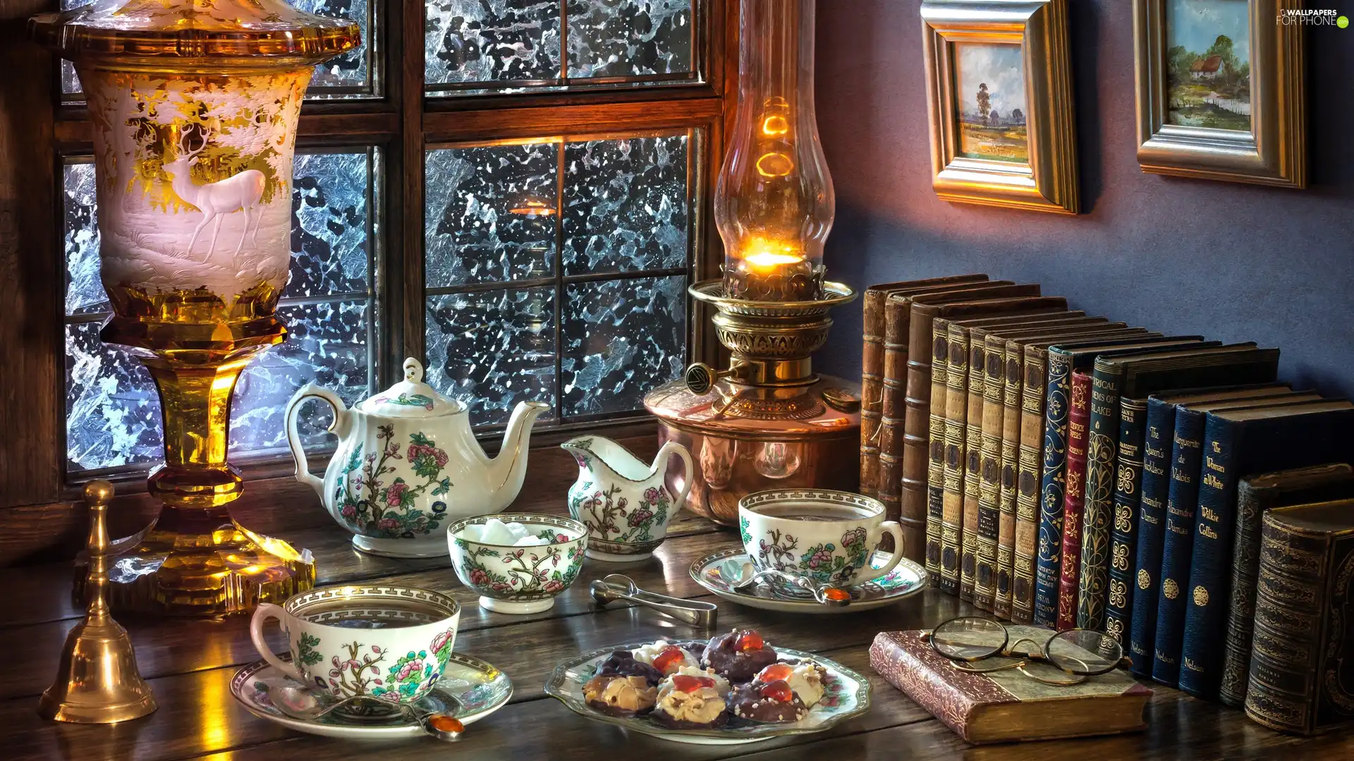 cups, coffee, Window, kettle, Books, table, service, Lamps