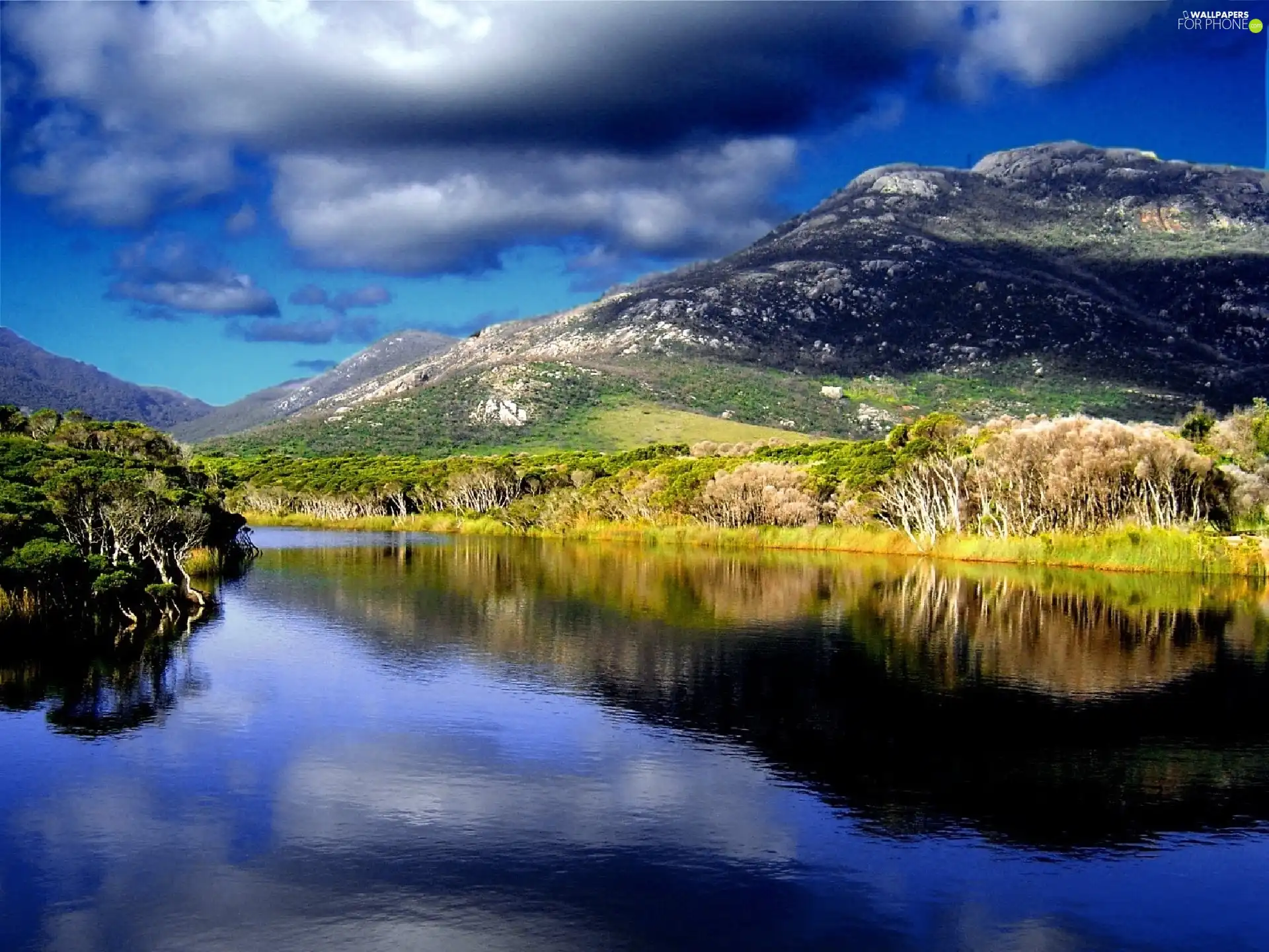 mountains, River, landscape, clouds