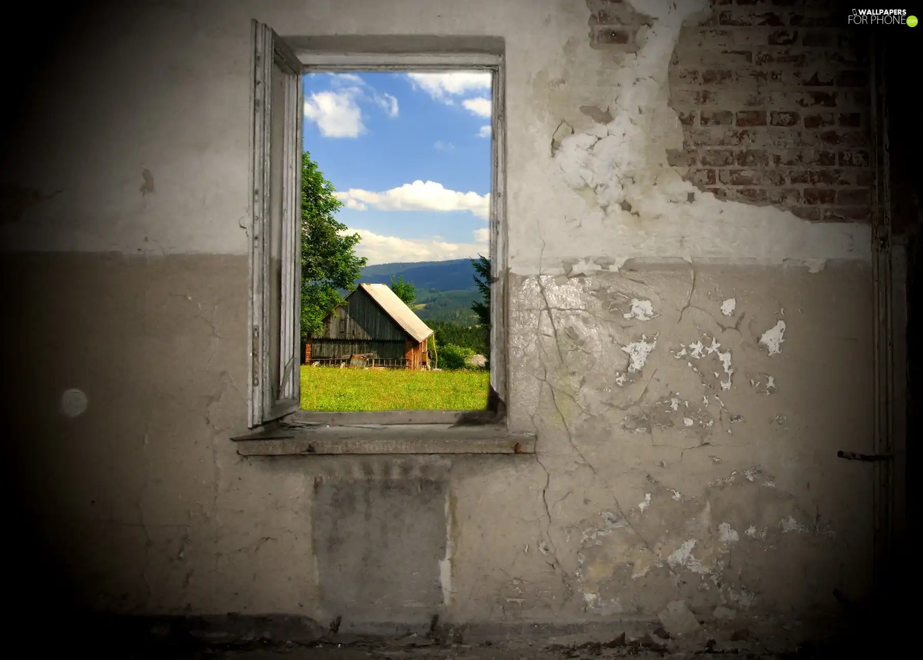 landscape, house, Window