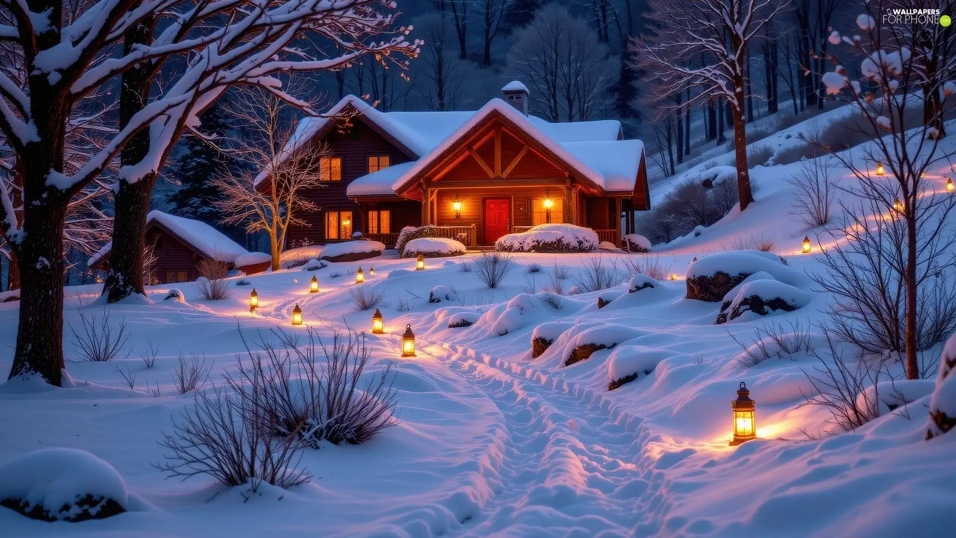 lighting, Lanterns, forest, house, winter