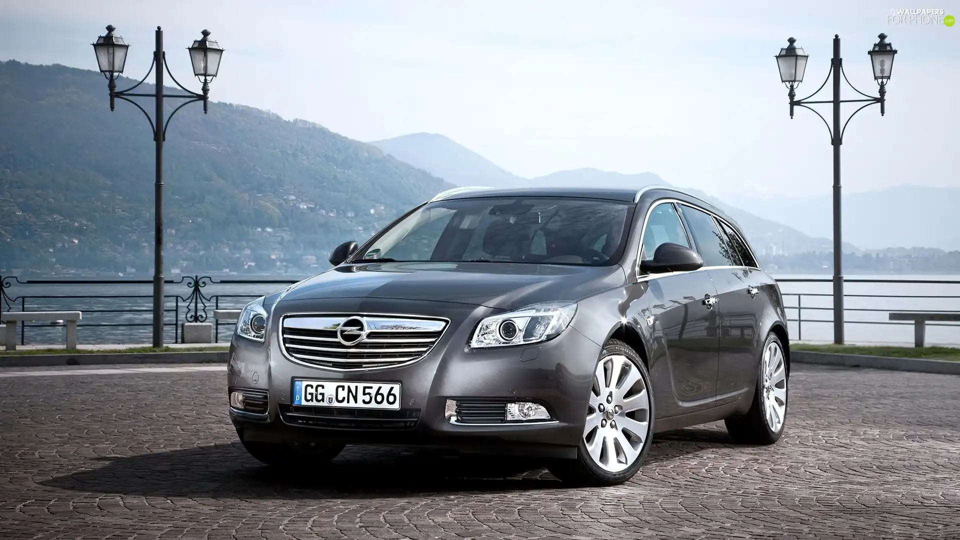 Opel Insignia, lake, lanterns, Mountains