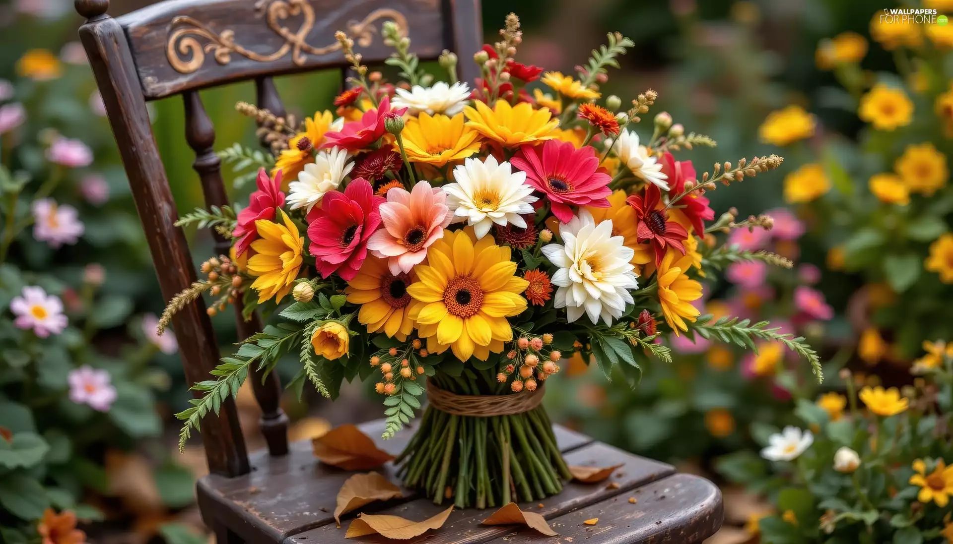 Chair, Leaf, Flowers, wood, bouquet