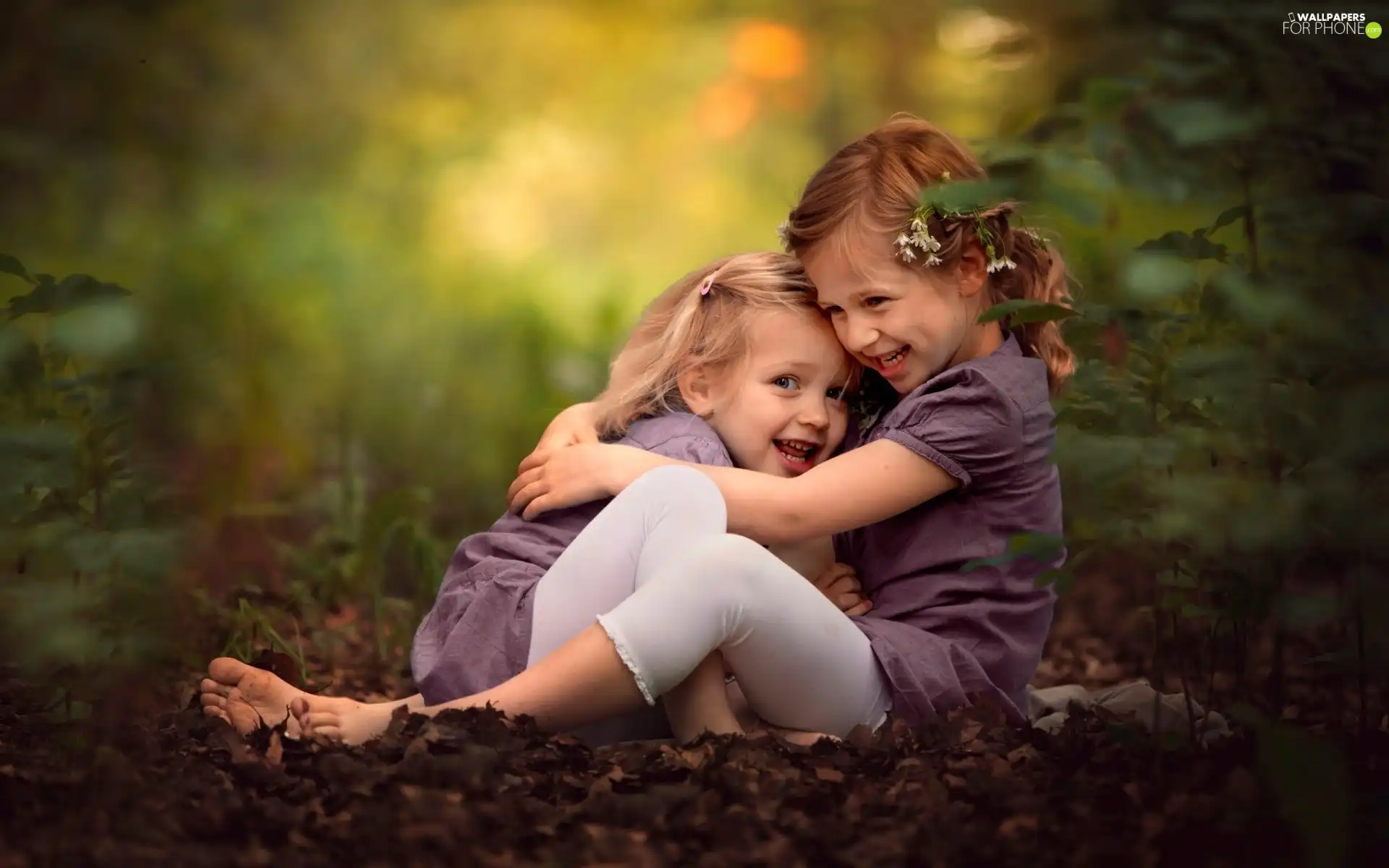 joyful, Kids, forest, girls