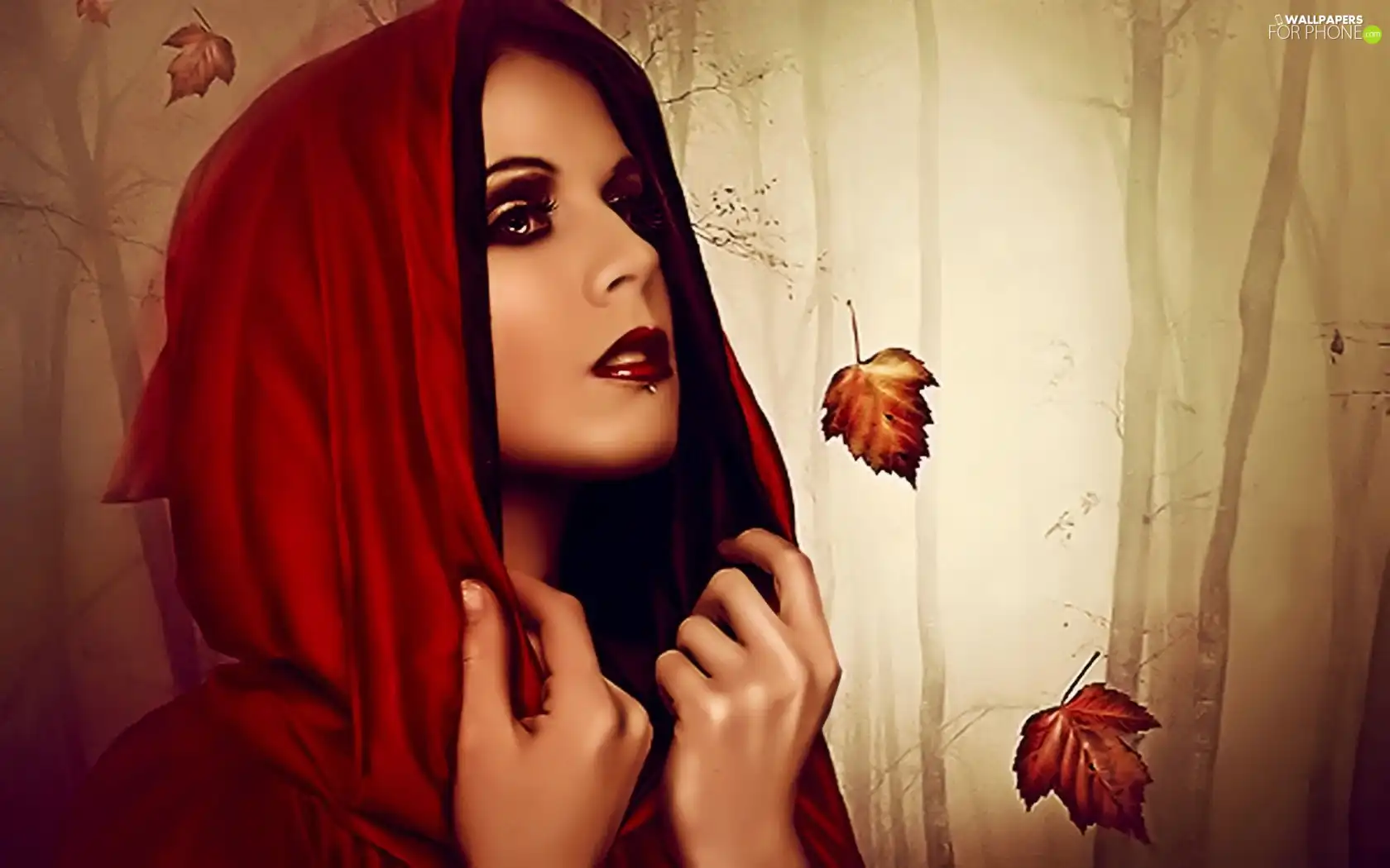 Women, hood, Leaf, Red