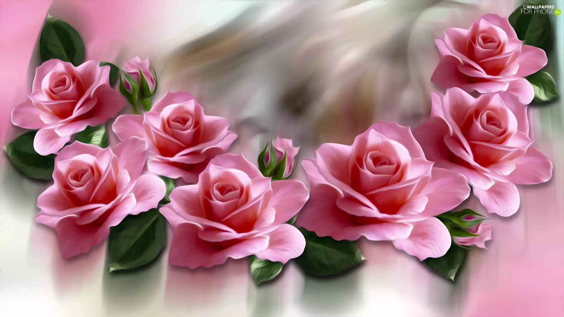 Pink, leaves, Flowers, roses, graphics