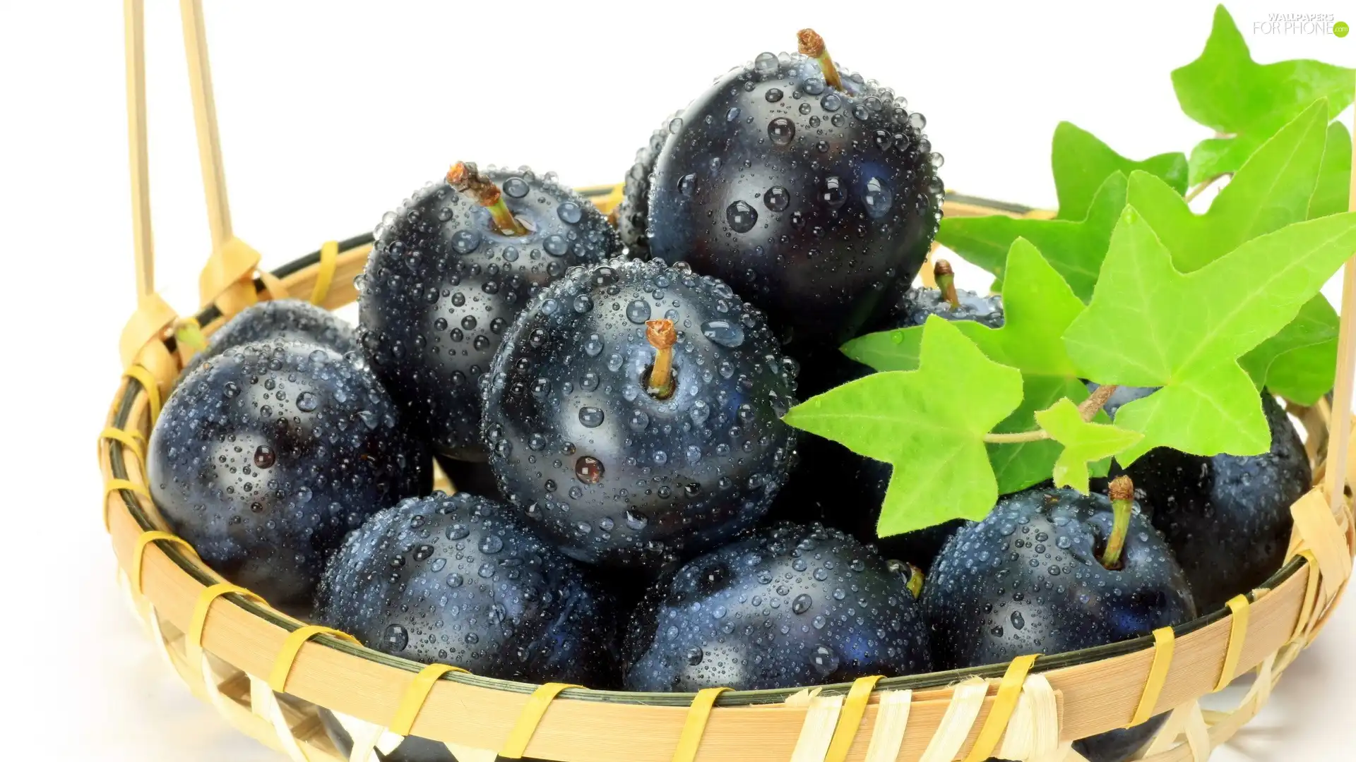 plums, green ones, leaves, basket