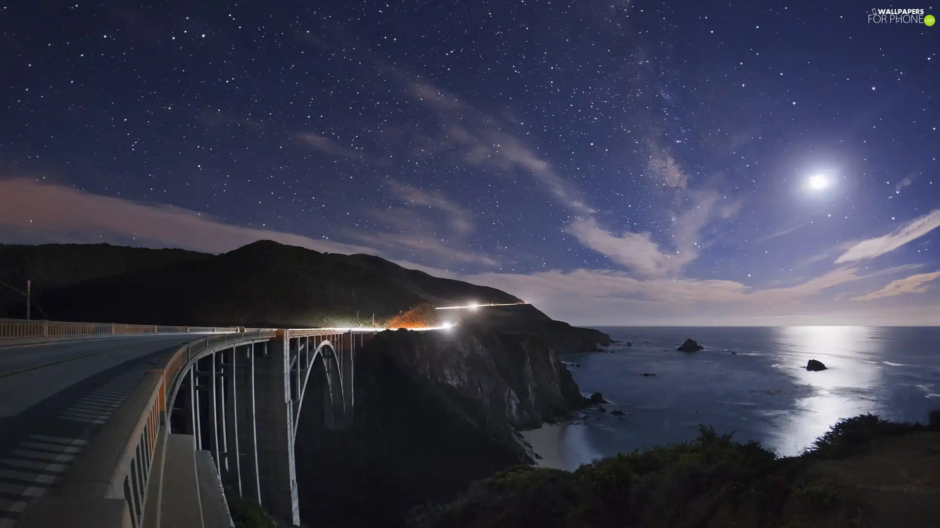 ligh, sun, California, flash, Moon, Night, Bixby Bridge, luminosity