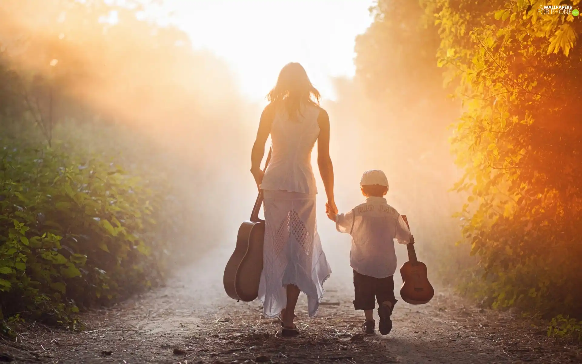 forest, Women, Fog, Way, ligh, luminosity, flash, Guitars, boy, sun, Przebijające