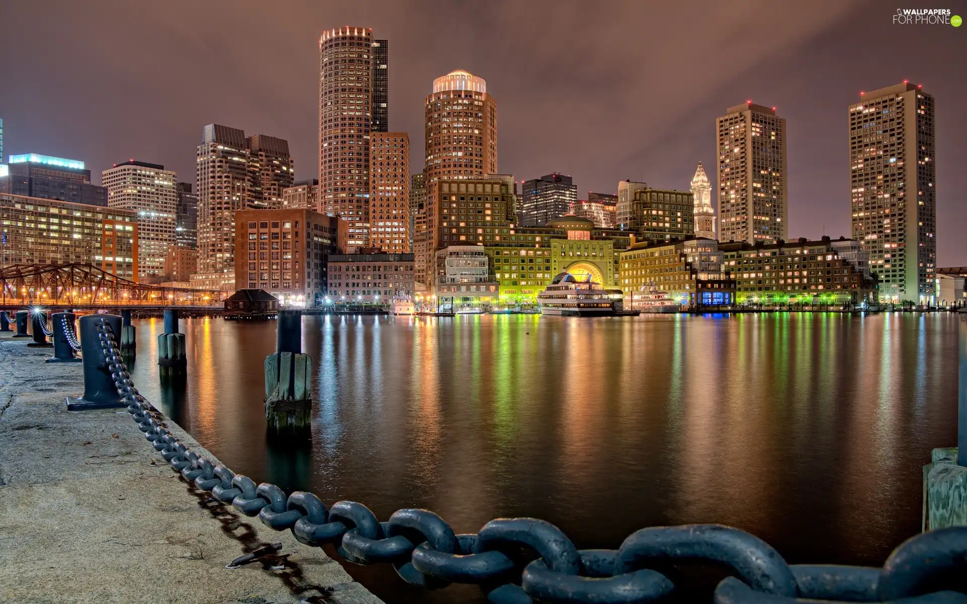 port, panorama, light, Boston, Night, town