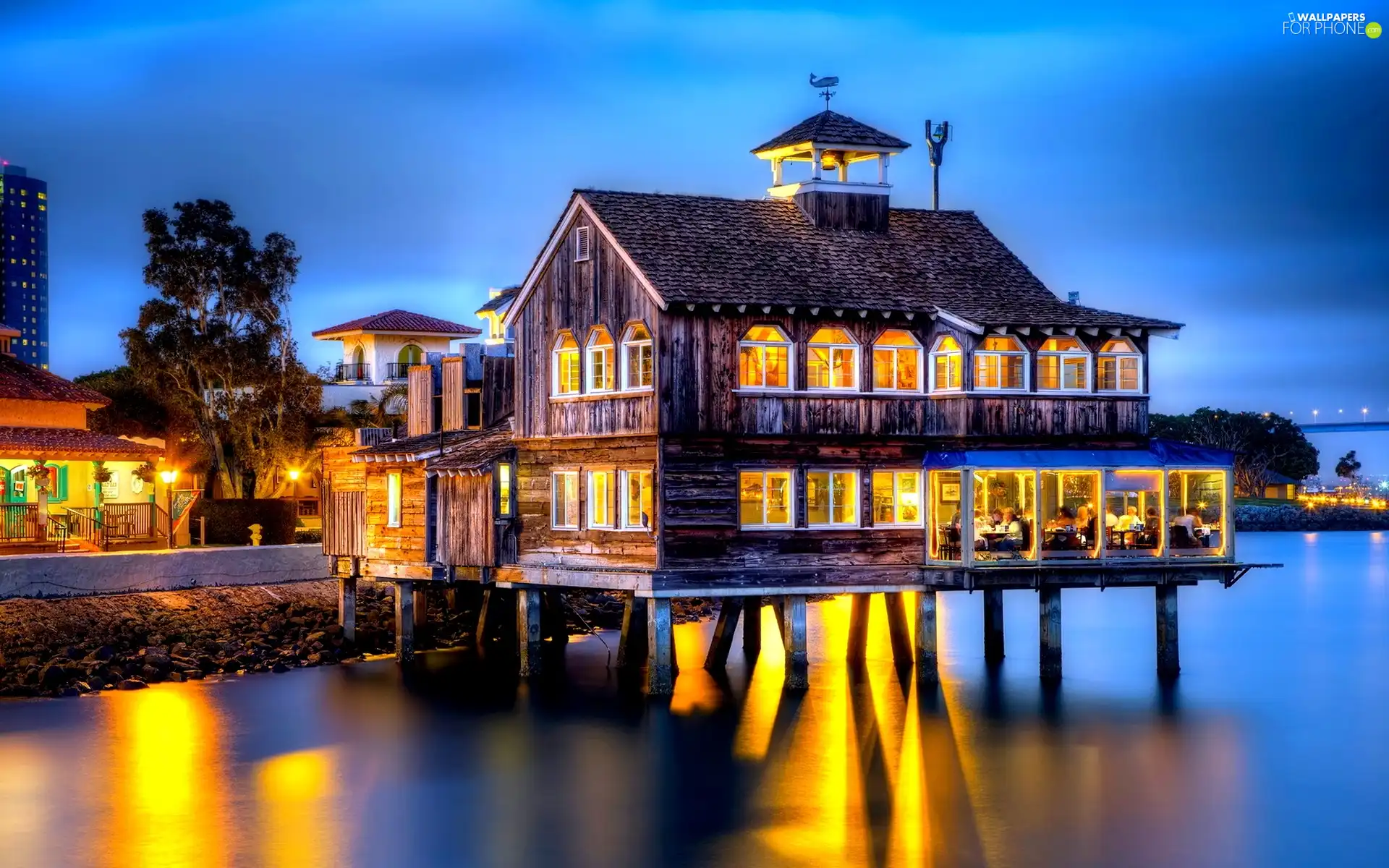 house, Night, light, lake