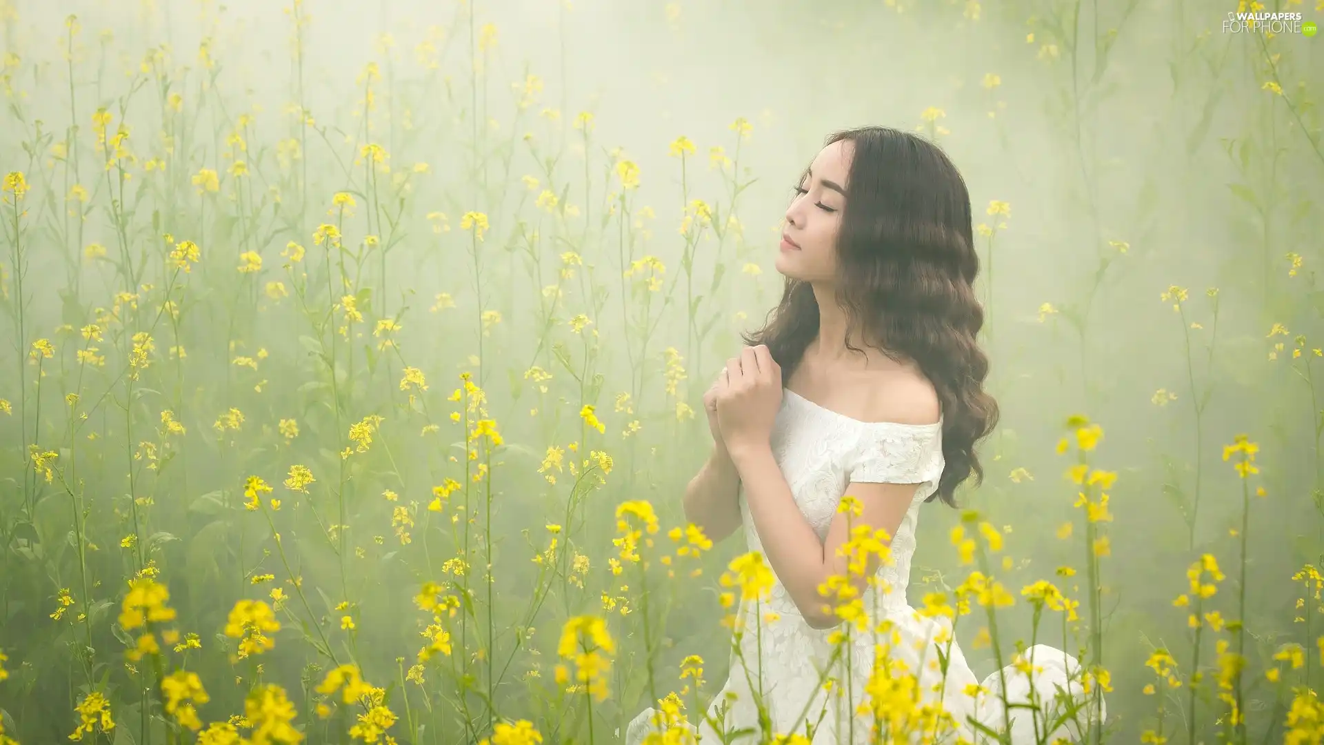 light brown, girl, White, Dress, Flowers, Fog, Eyes, Yellow, closed