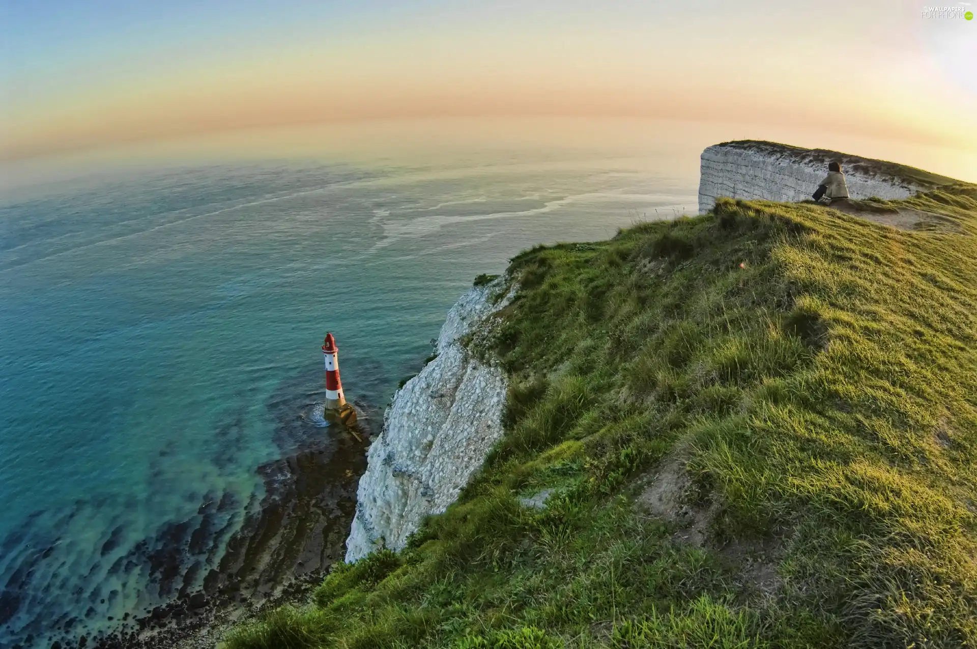 scarp, sea, Lighthouse, maritime, girl, Rocks