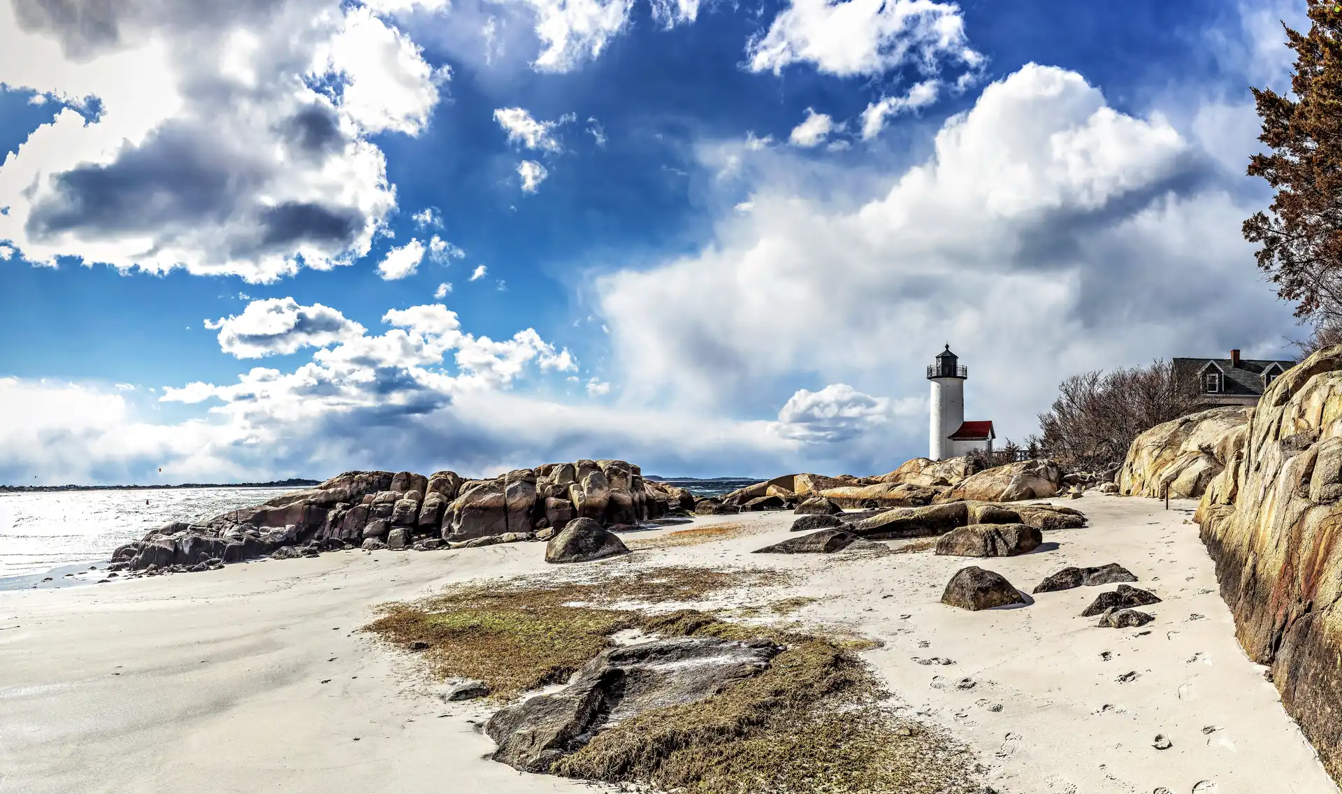 Lighthouse, maritime, Coast, clouds, sea