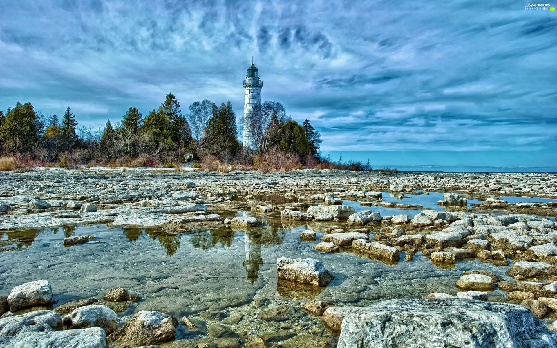 Lighthouse, maritime, Clouds, Sky, Stones