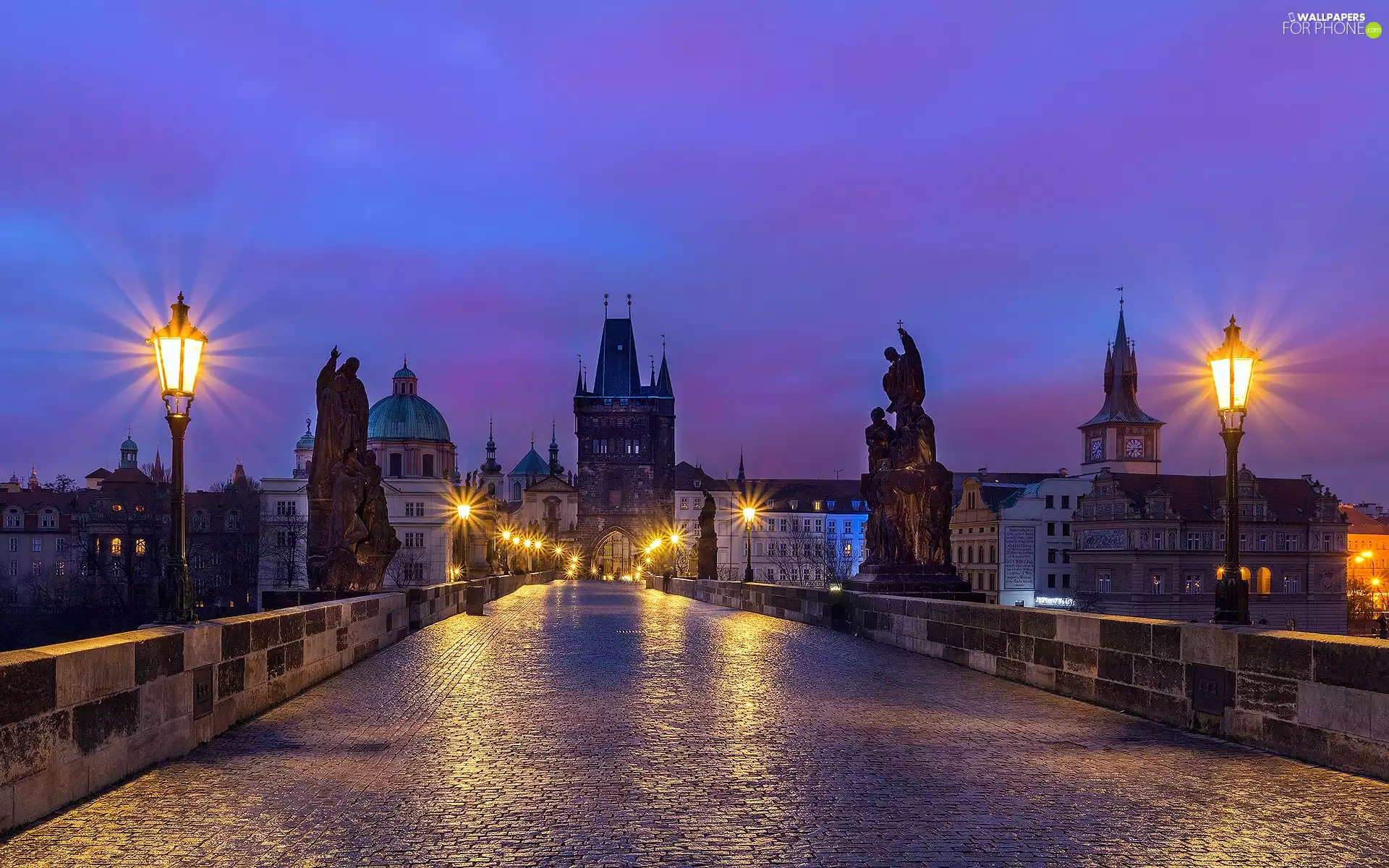lanterns, Charles Bridge, Prague, Czech Republic, statues, lighting