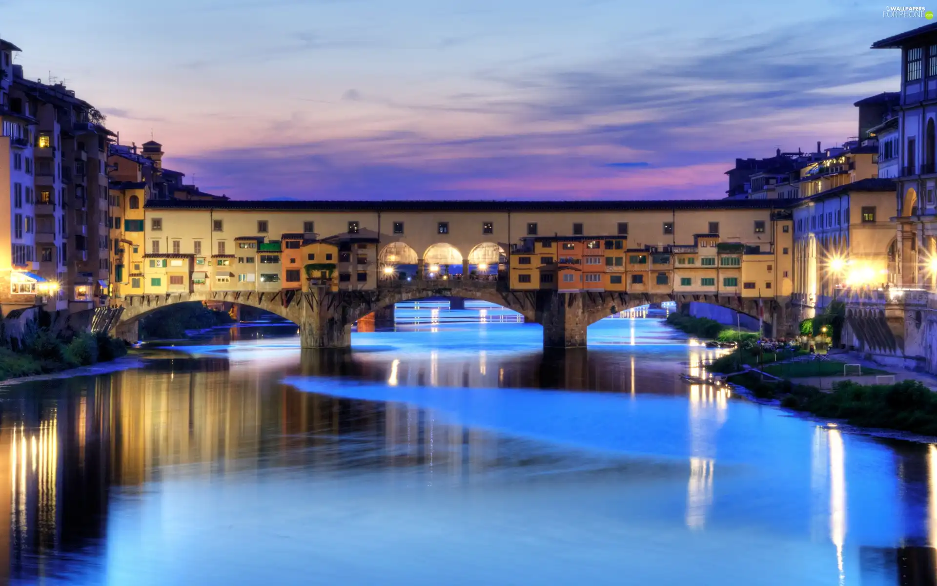 bridge, Houses, lighting, River