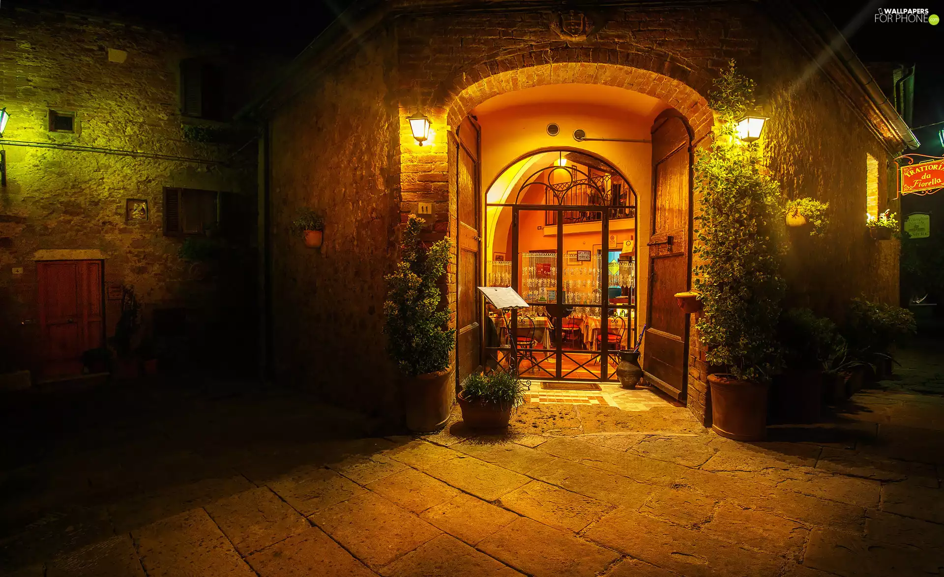 Flowers, lighting, entry, Street, cafe