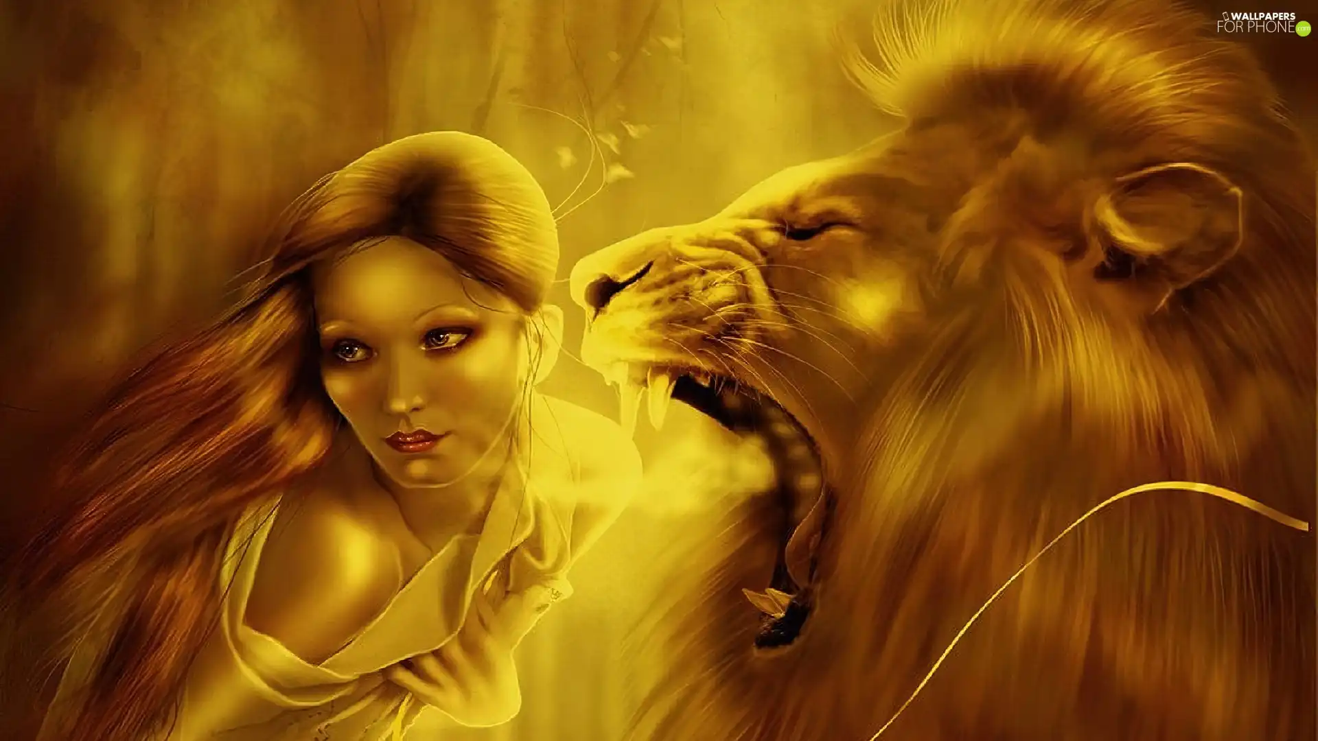 Lion, girl, roaring