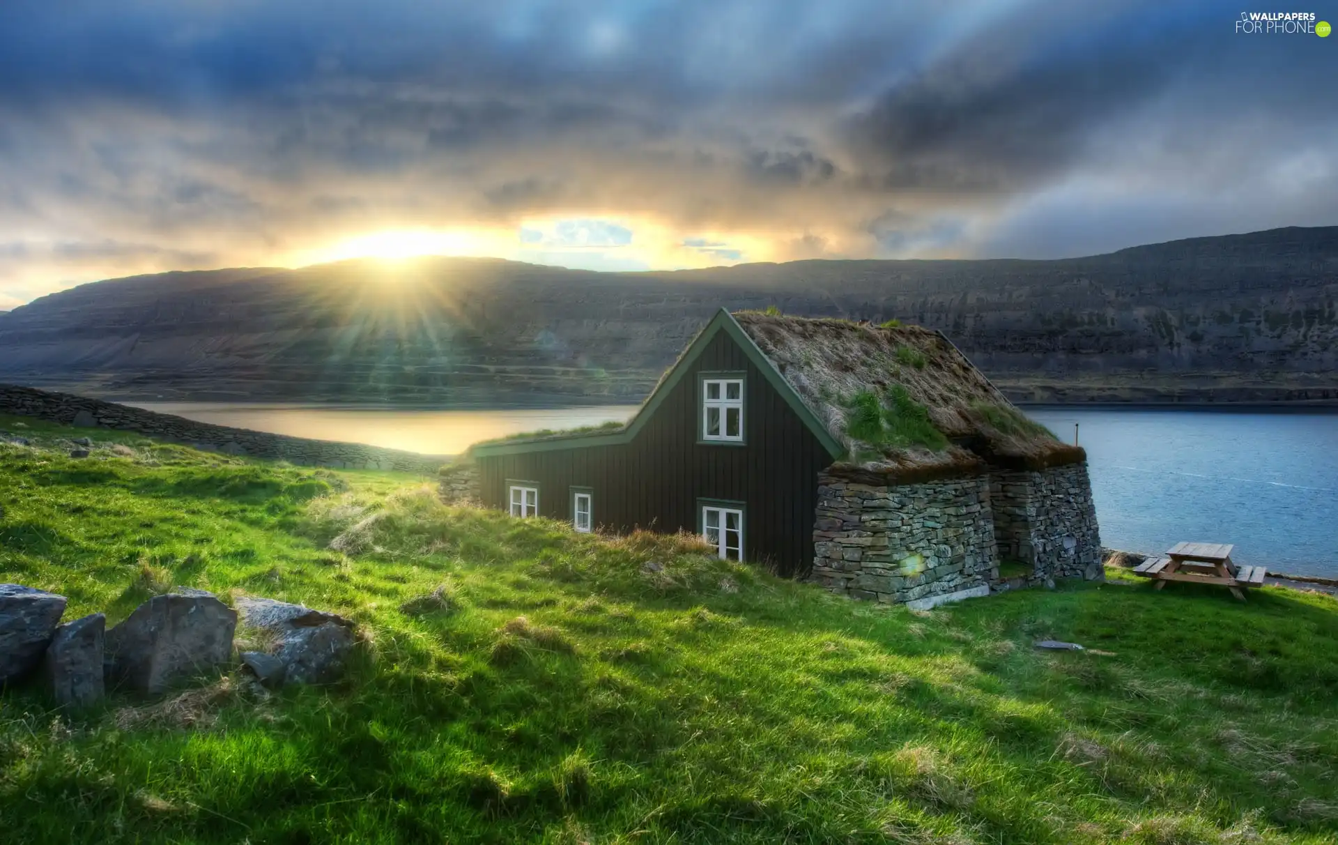 Loneley, iceland, River, Mountains, house