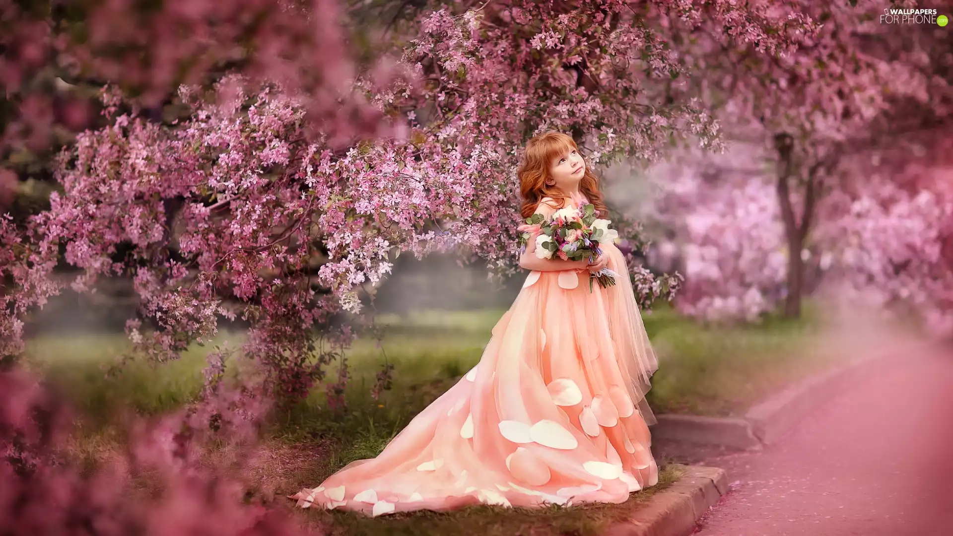 long, Dress, flourishing, bouquet, Fruit Trees, girl, redhead, Garden