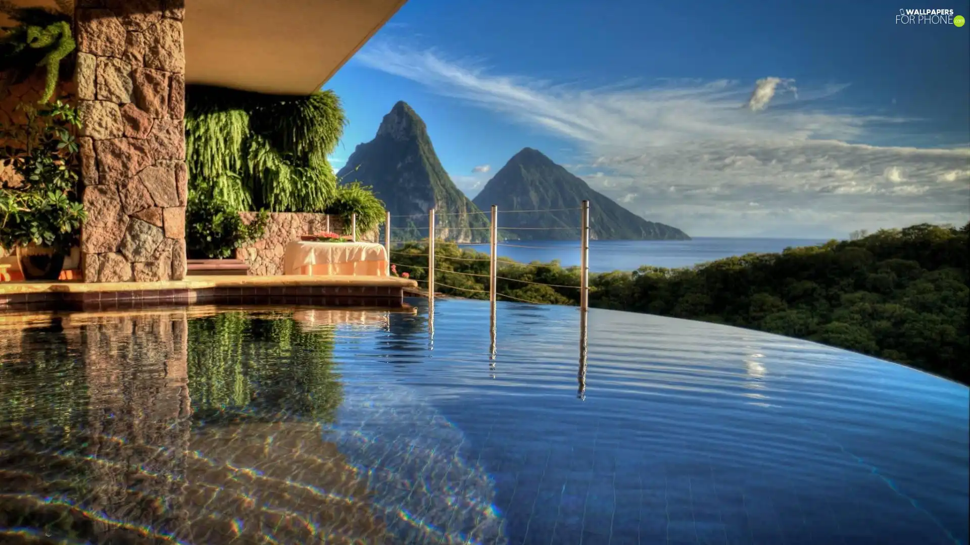 Mountains, house, Saint Lucia, Caribbean, sea, Pool