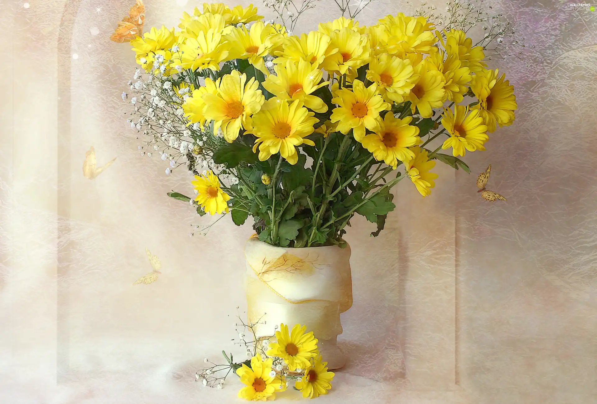 Vase, yellow, marguerites, bouquet