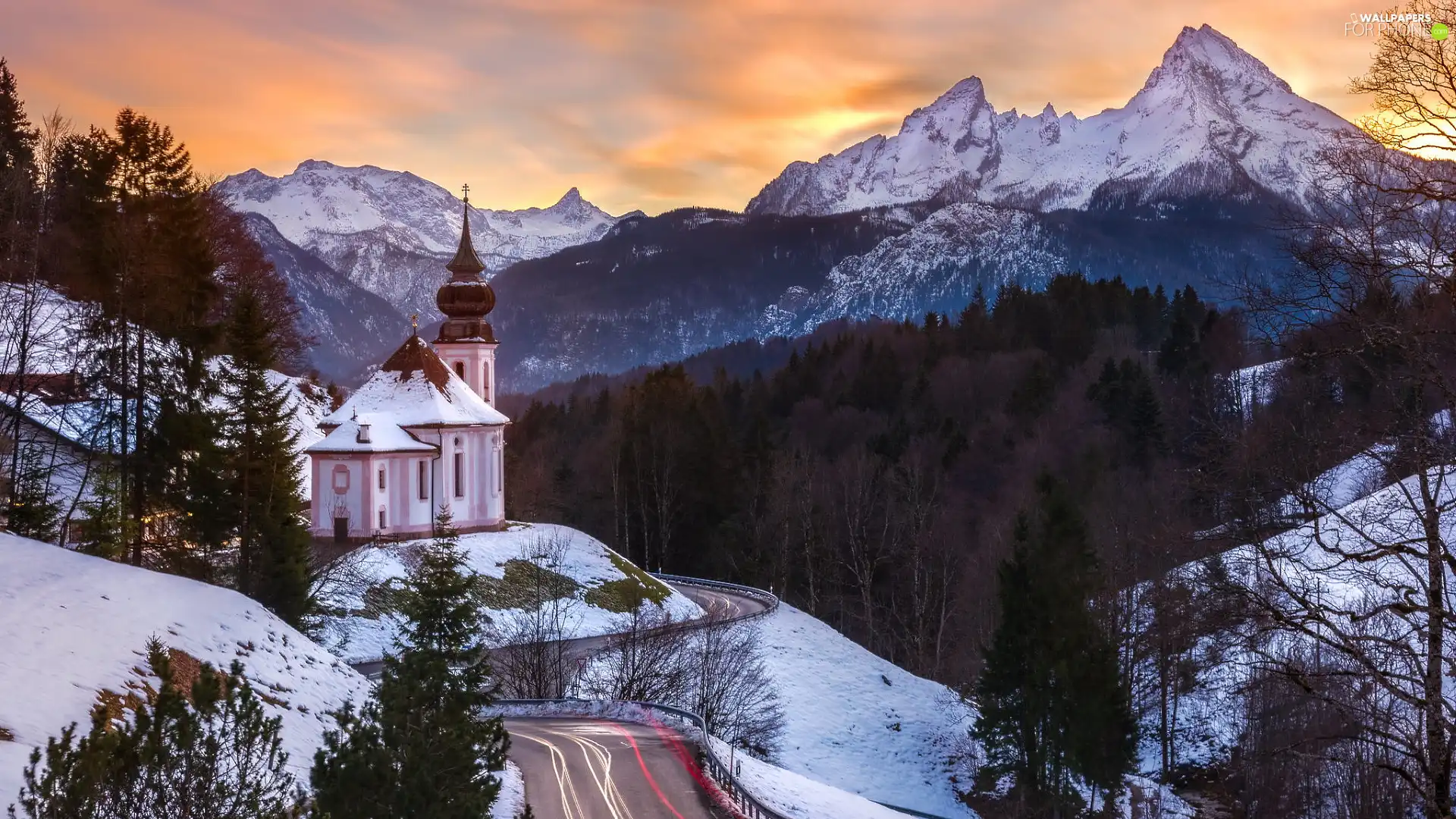 trees, woods, Bavaria, Sanctuary of Maria Gern, Germany, winter, Church, viewes, Mountains, Sunrise, Way, Berchtesgaden, Salzburg Slate Alps