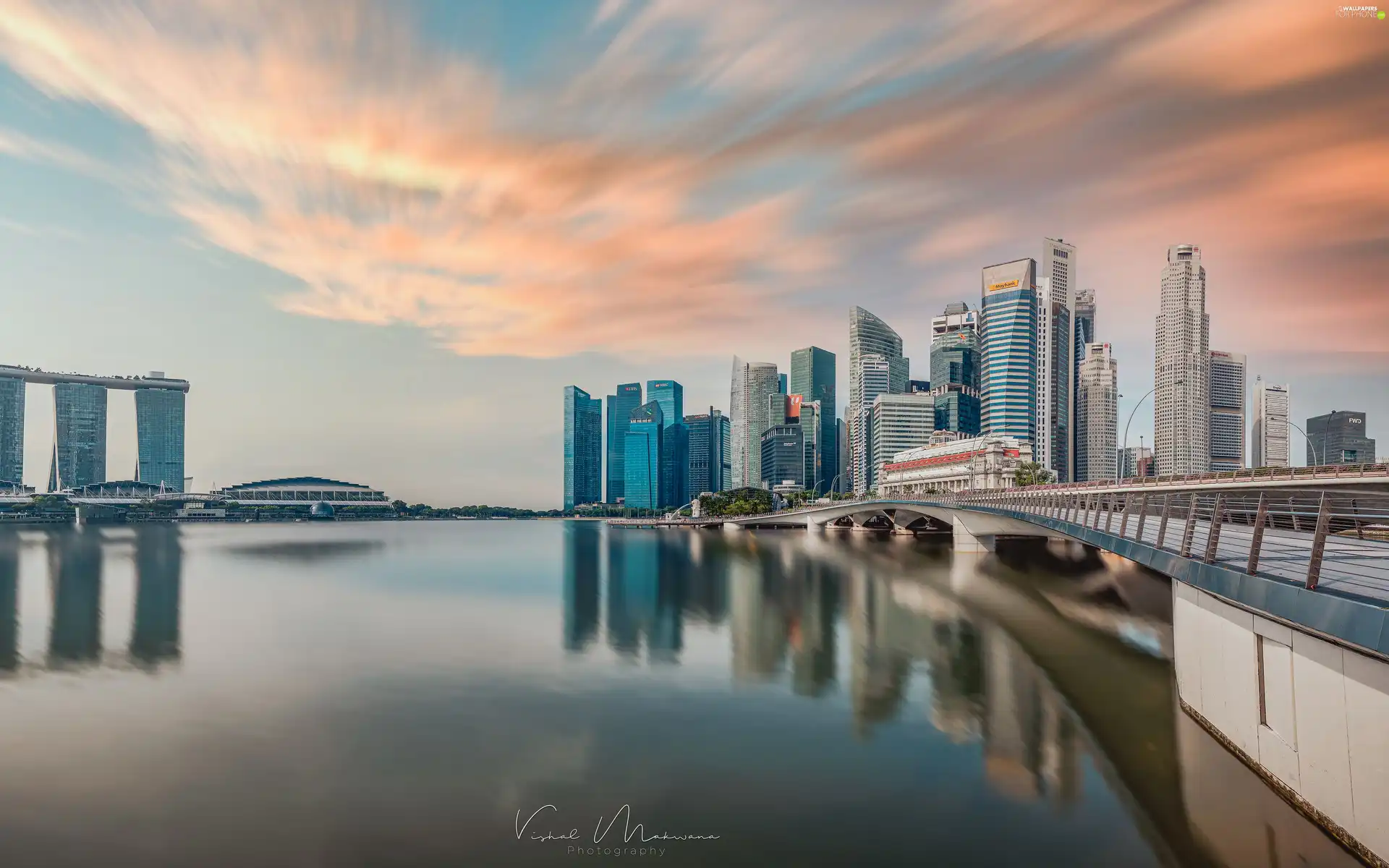Town, Singapur, skyscraper, Marina Bay, bridge